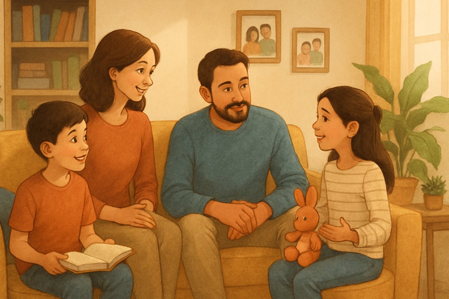 Anne ve babanın çocuklarıyla birlikte oturup açık bir şekilde konuştuğu, sıcak ve samimi bir aile ortamı.