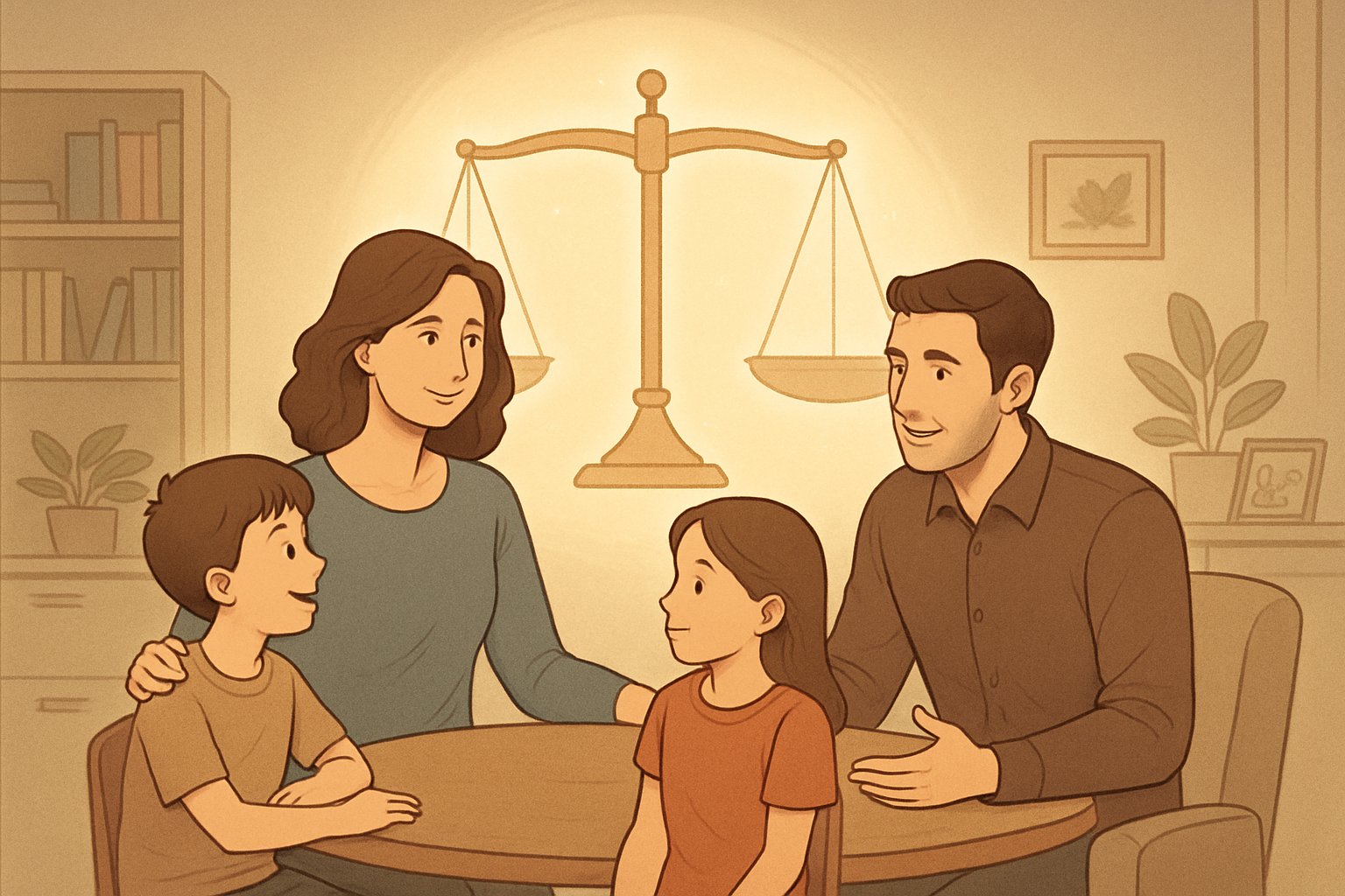 Bir anne ve baba, iki çocuklarıyla birlikte yuvarlak bir masada oturuyor, birbirleriyle sıcak ve açık bir şekilde iletişim kuruyorlar.