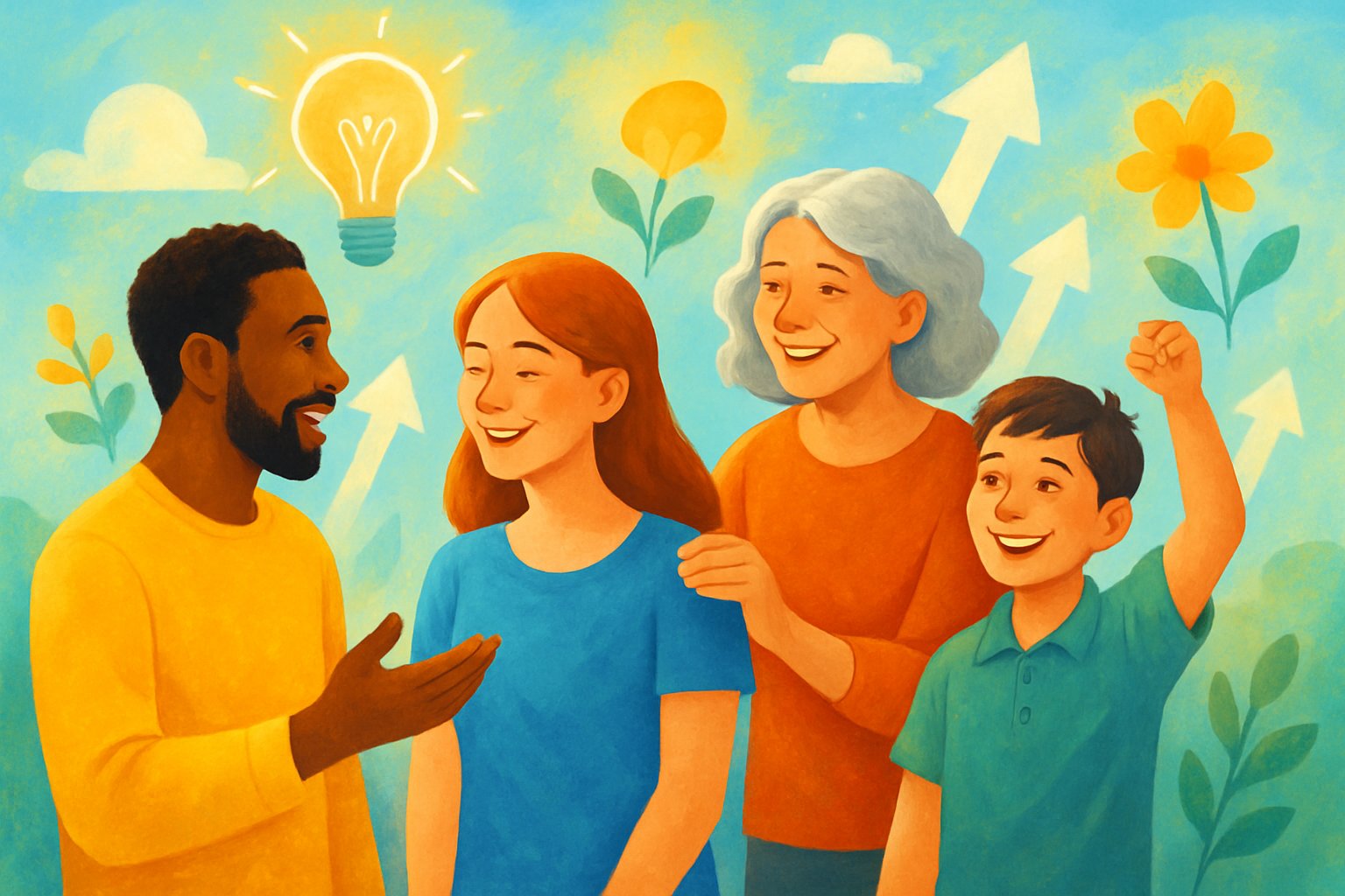 Farklı yaş ve kökenlerden insanların birlikte pozitif düşünce ve iyimserlik becerileri geliştirdiği, birbirine destek olduğu aydınlık bir ortam.