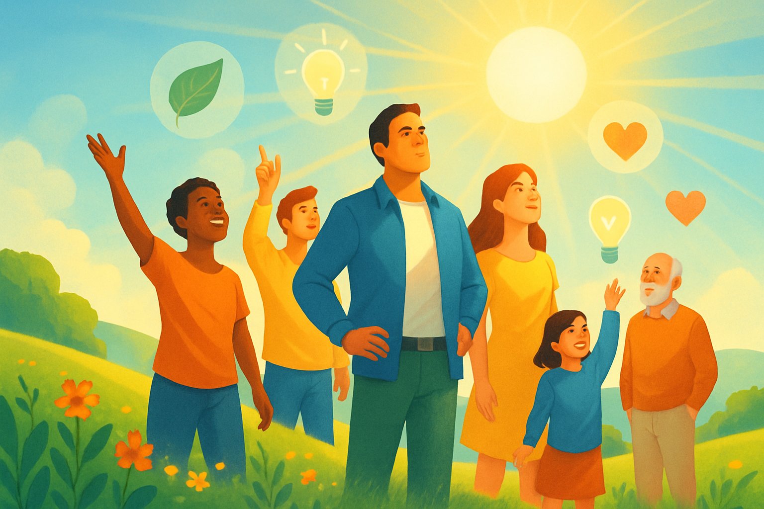 Güneşli bir tepede, çeşitli yaş ve kökenden insanlar birlikte duruyor, umutlu ve kendinden emin görünüyorlar, etraflarında yeşillik ve çiçekler var, gökyüzünde parlak ışık huzmeleri yükseliyor.