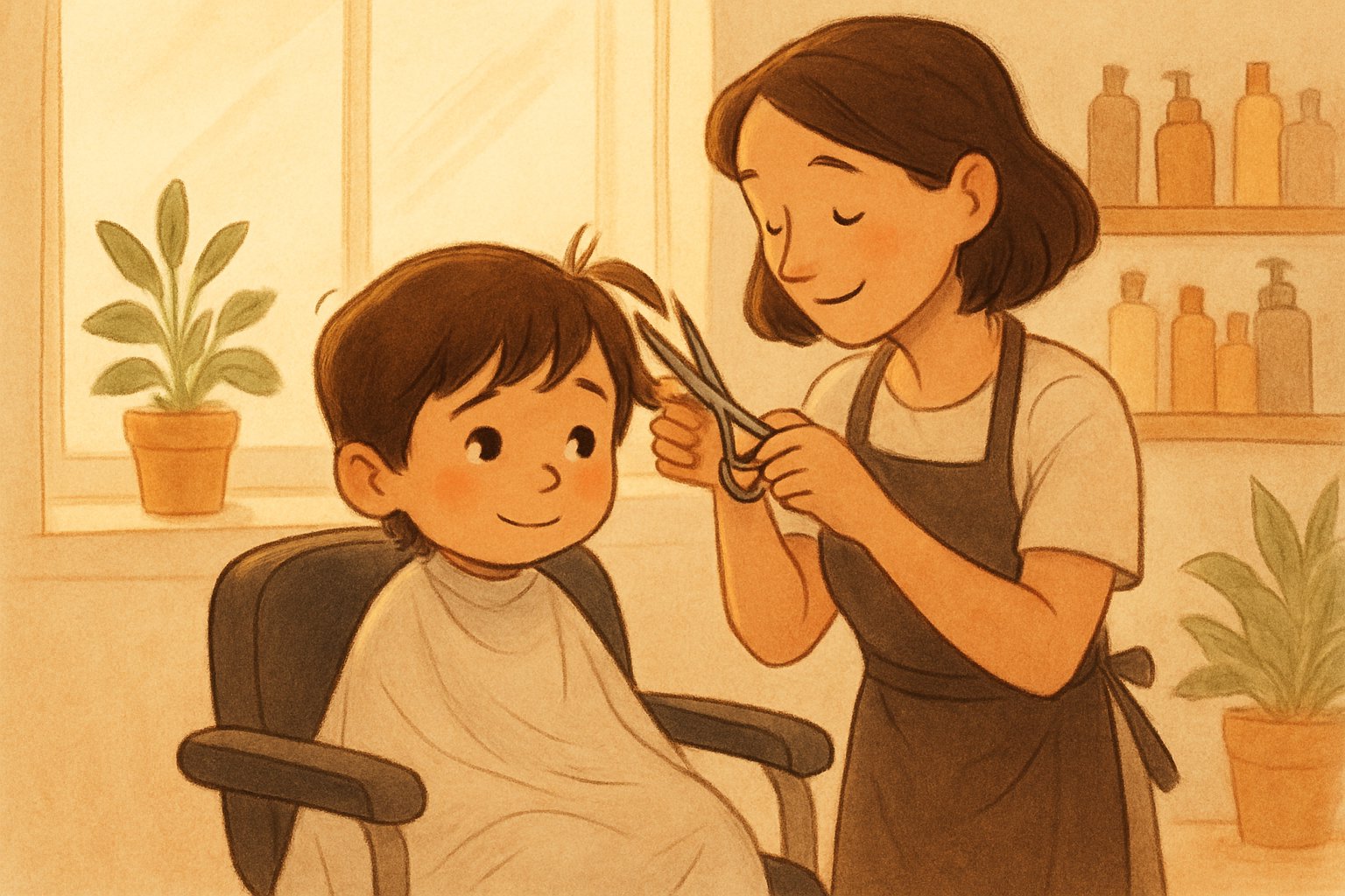 Bir çocuk kuaför koltuğunda oturuyor, yanında gülümseyen bir kuaför saçını kesiyor.