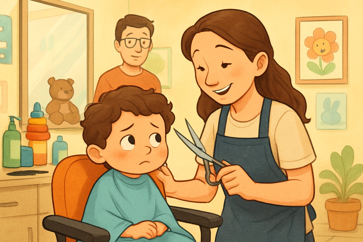 Kuaförde oturan, hafif korkmuş bir çocuk ve onu sakinleştiren güler yüzlü bir kuaför, yanında destekleyen bir ebeveyn.