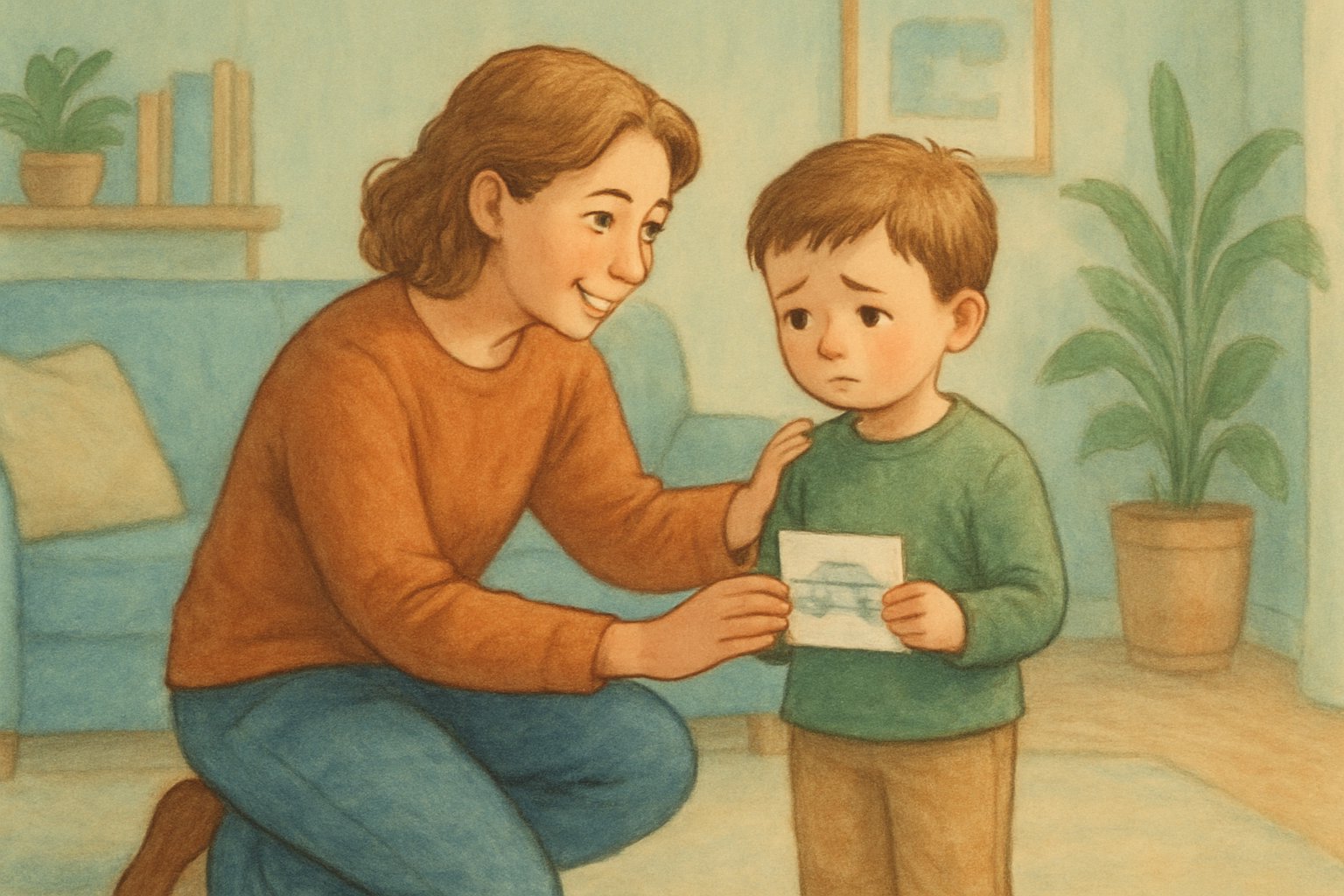 Bir ebeveyn, çekingen görünen çocuğuna destek verirken, çocuğun omzuna elini koymuş ve ona cesaret veriyor.