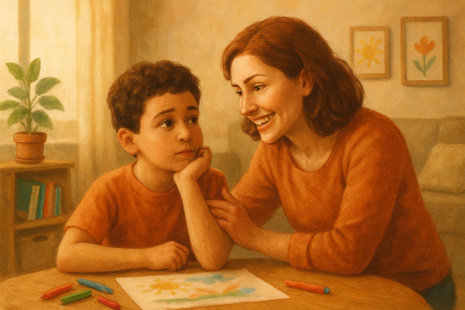 Bir ebeveyn, masada oturan çocuğuna destekleyici ve cesaret verici şekilde yaklaşırken görülüyor.