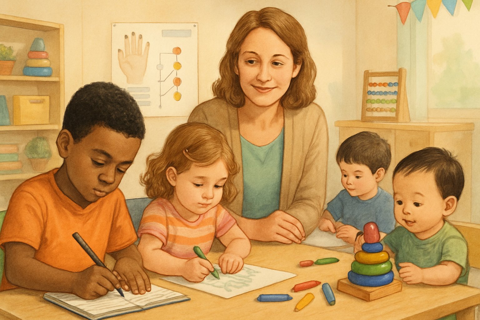 Çeşitli çocukların sol el tercihiyle yazma, çizme ve oyun oynama etkinliklerinde bulunduğu, öğretmenin desteklediği bir sınıf ortamı.