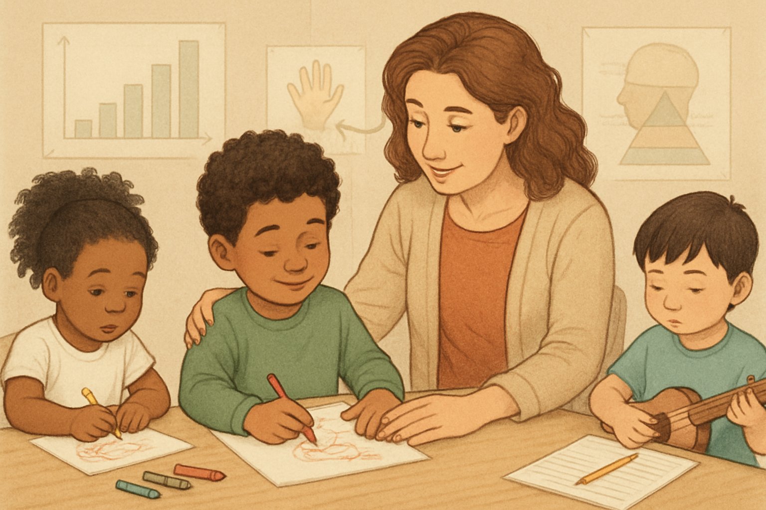 Sol elini kullanan çocukların gelişimini gösteren, el tercihine odaklanan bir eğitim ortamında, çocukların çeşitli etkinlikler yaptığı bir sahne.