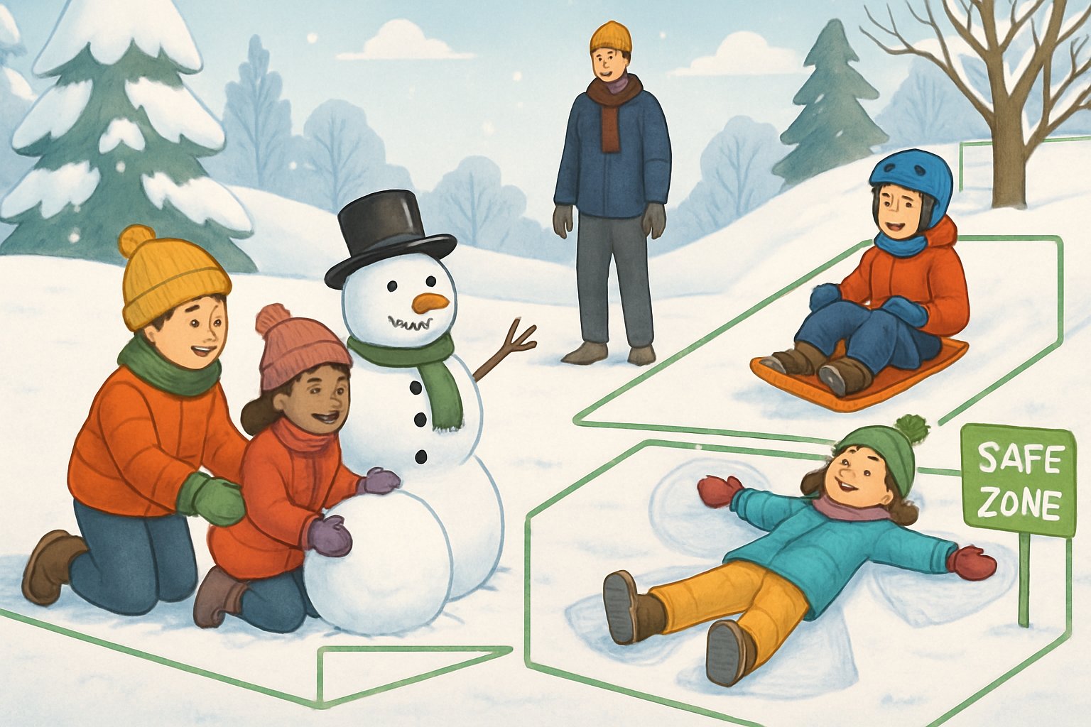 Çocukların karla kaplı bir alanda güvenli bir şekilde oyun oynadığı, kış kıyafetleri giymiş bir grup çocuk ve onları denetleyen yetişkinlerin olduğu kış manzarası.