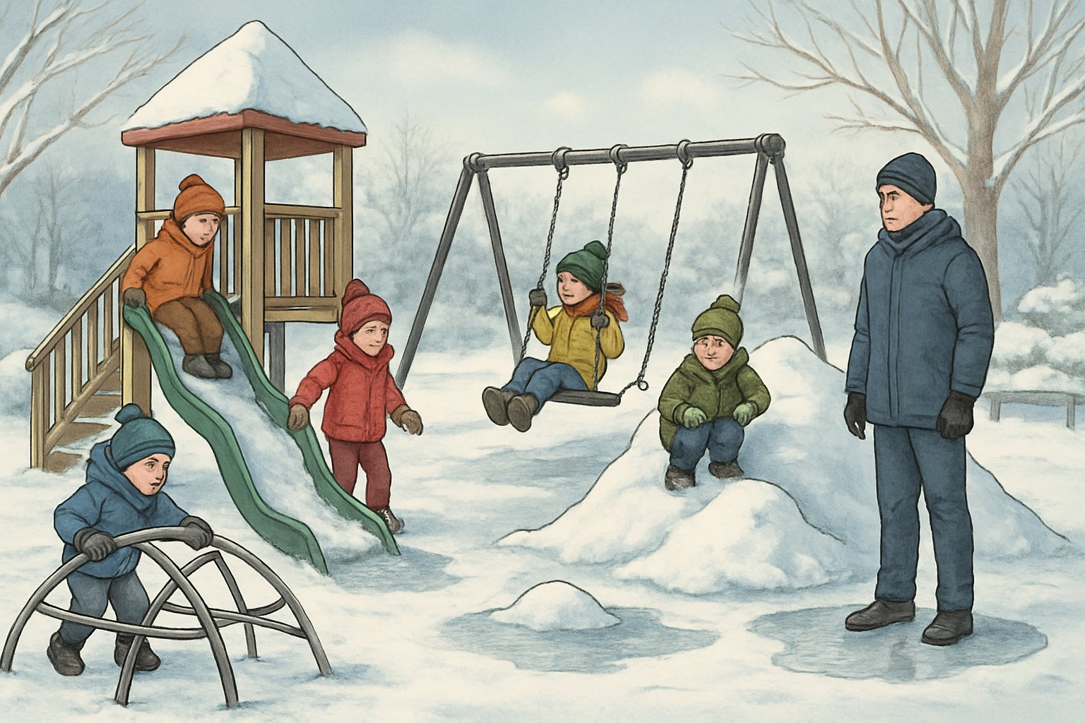 Karda oynayan çocuklar ve onları dikkatle izleyen bir yetişkinin bulunduğu karlı bir oyun alanı.