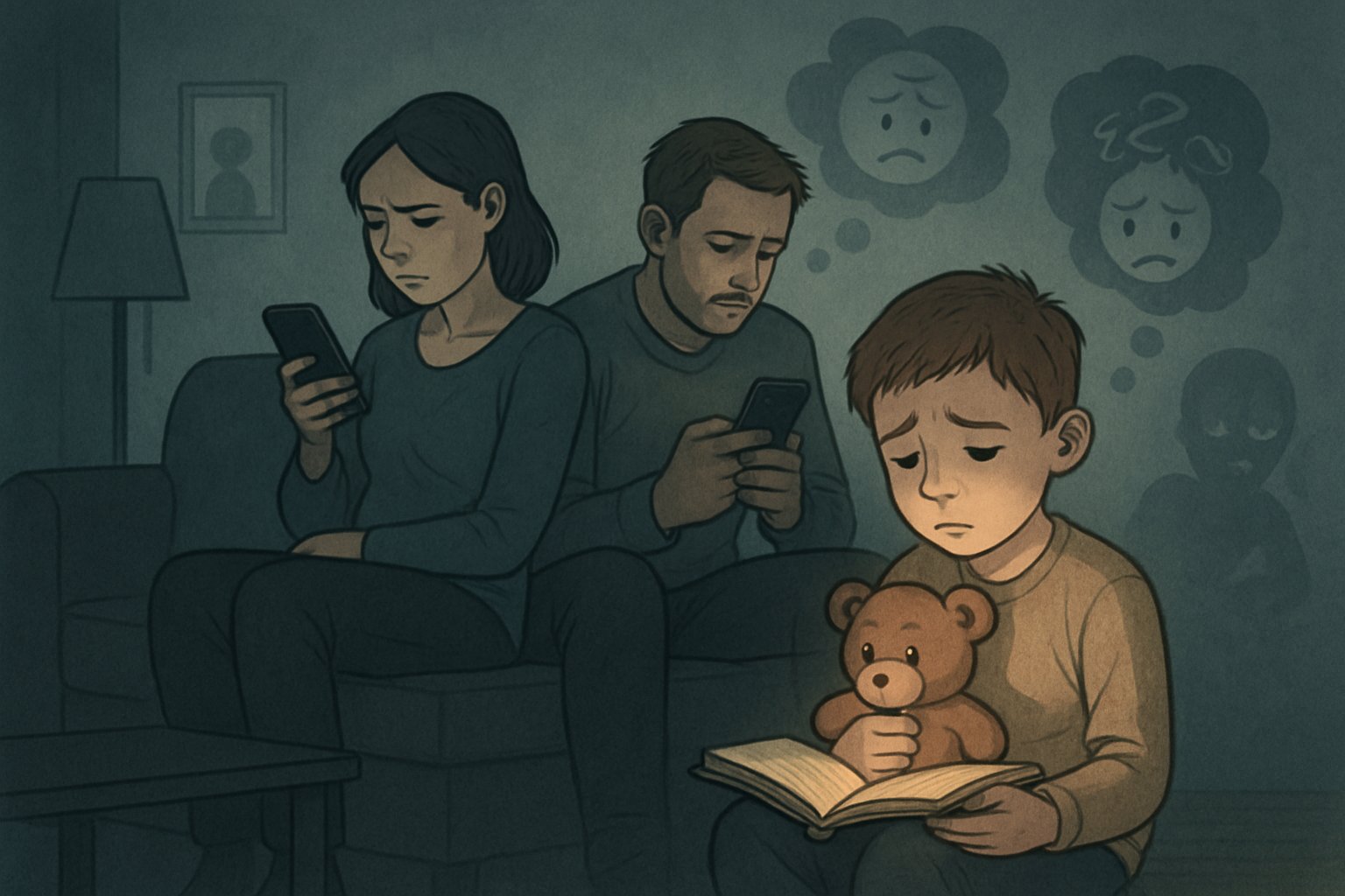 Bir oturma odasında, ebeveynler telefonlarına dalmış, çocuk ise yalnız ve üzgün bir şekilde onlardan uzak duruyor.