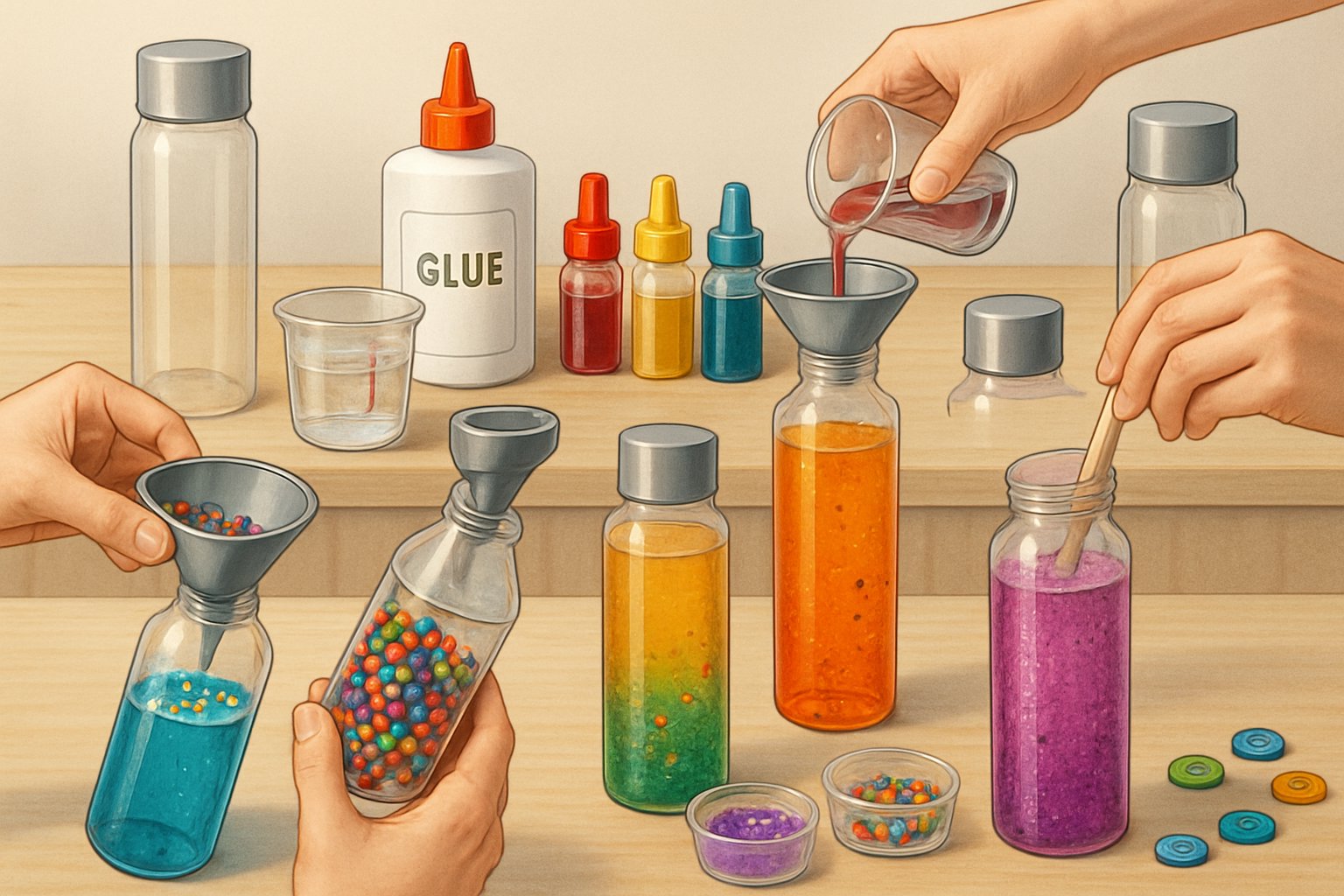 Duyusal şişelerin yapım aşamalarını gösteren, malzemelerin şişelere eklendiği bir çalışma masası ve eller.