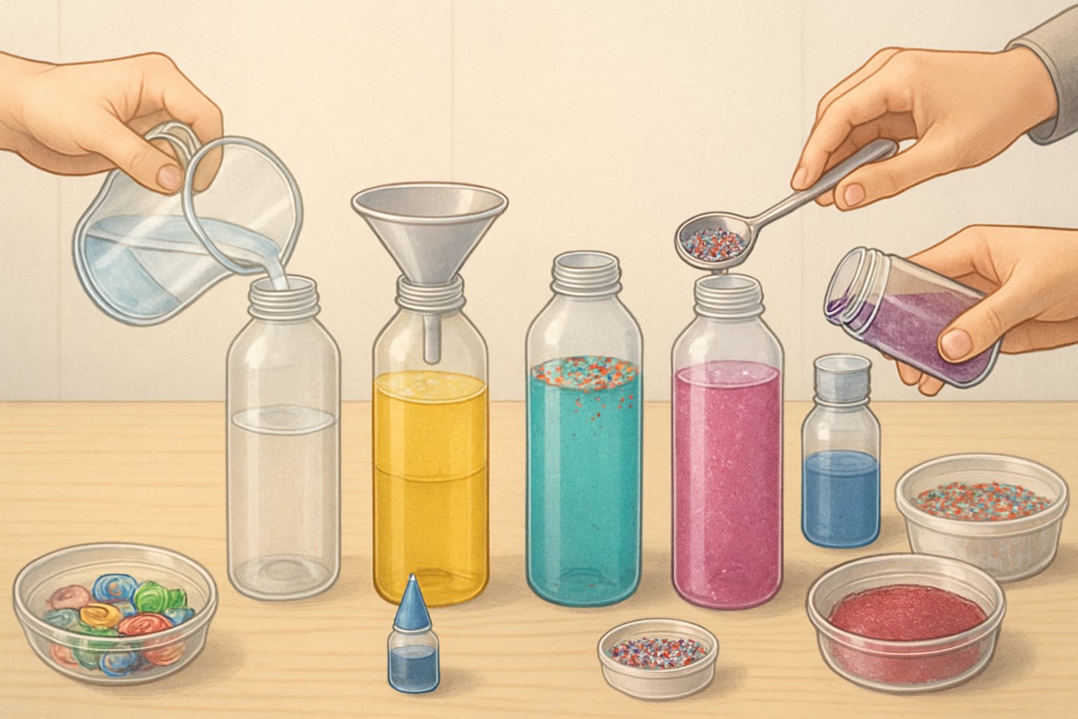 Duyusal şişeler yapımı için çeşitli malzemelerle dolu şişeler ve ellerin şişelere malzeme eklediği bir çalışma alanı.