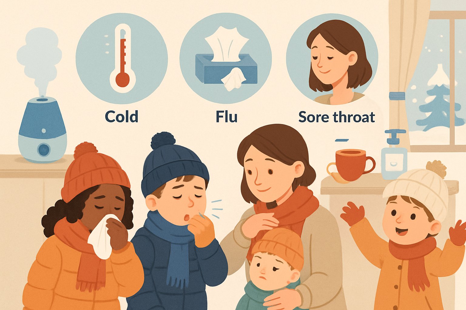 Kış mevsiminde çeşitli çocukların hasta ve sağlıklı halleri, el yıkama, sıcak giysiler ve kış hastalıklarını önleyici ortamlar gösteriliyor.