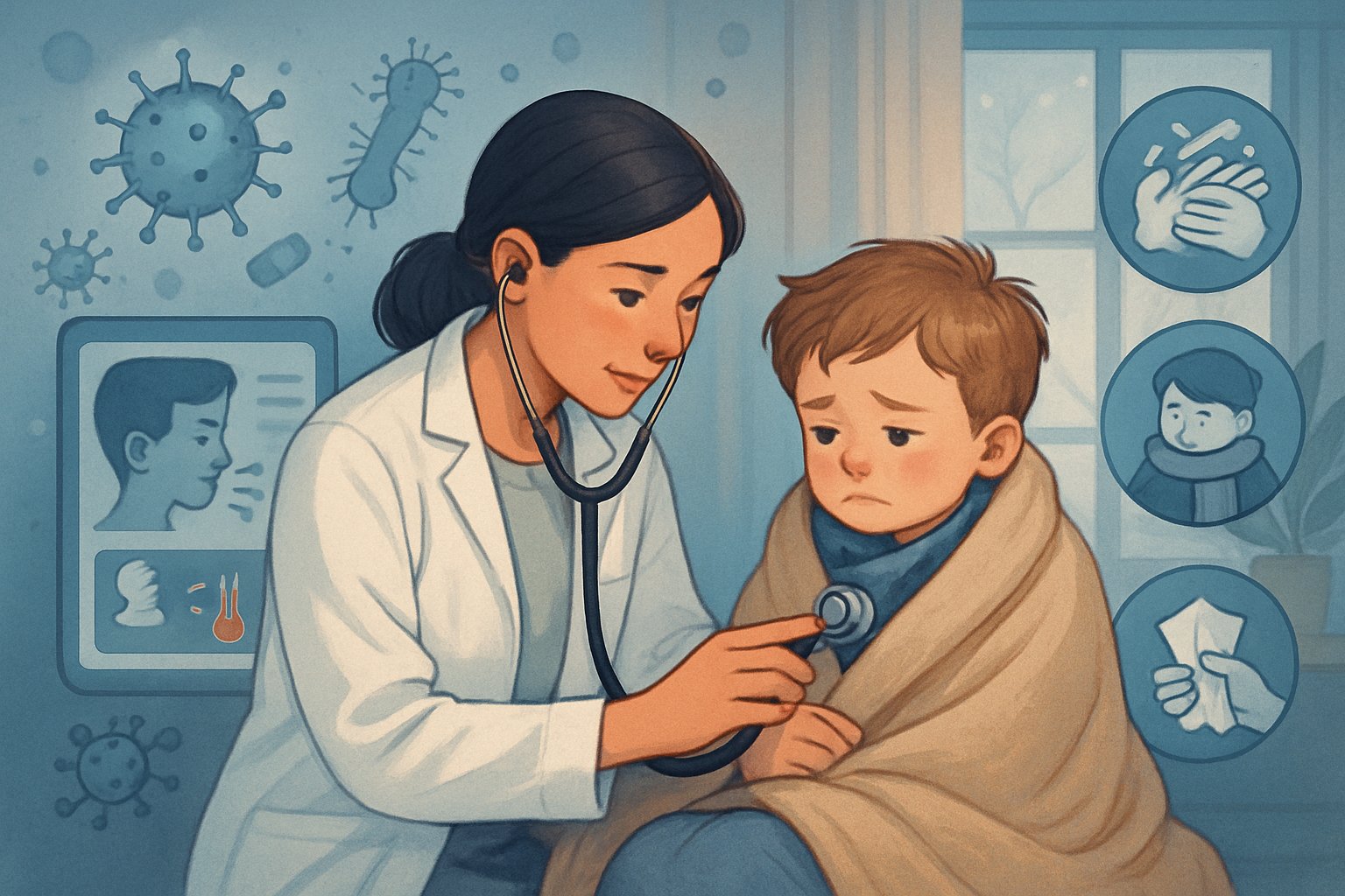 Bir çocuk doktor tarafından muayene edilen hafif hasta bir çocuk ve çevresinde kış hastalıklarını ve korunma yollarını simgeleyen görseller.