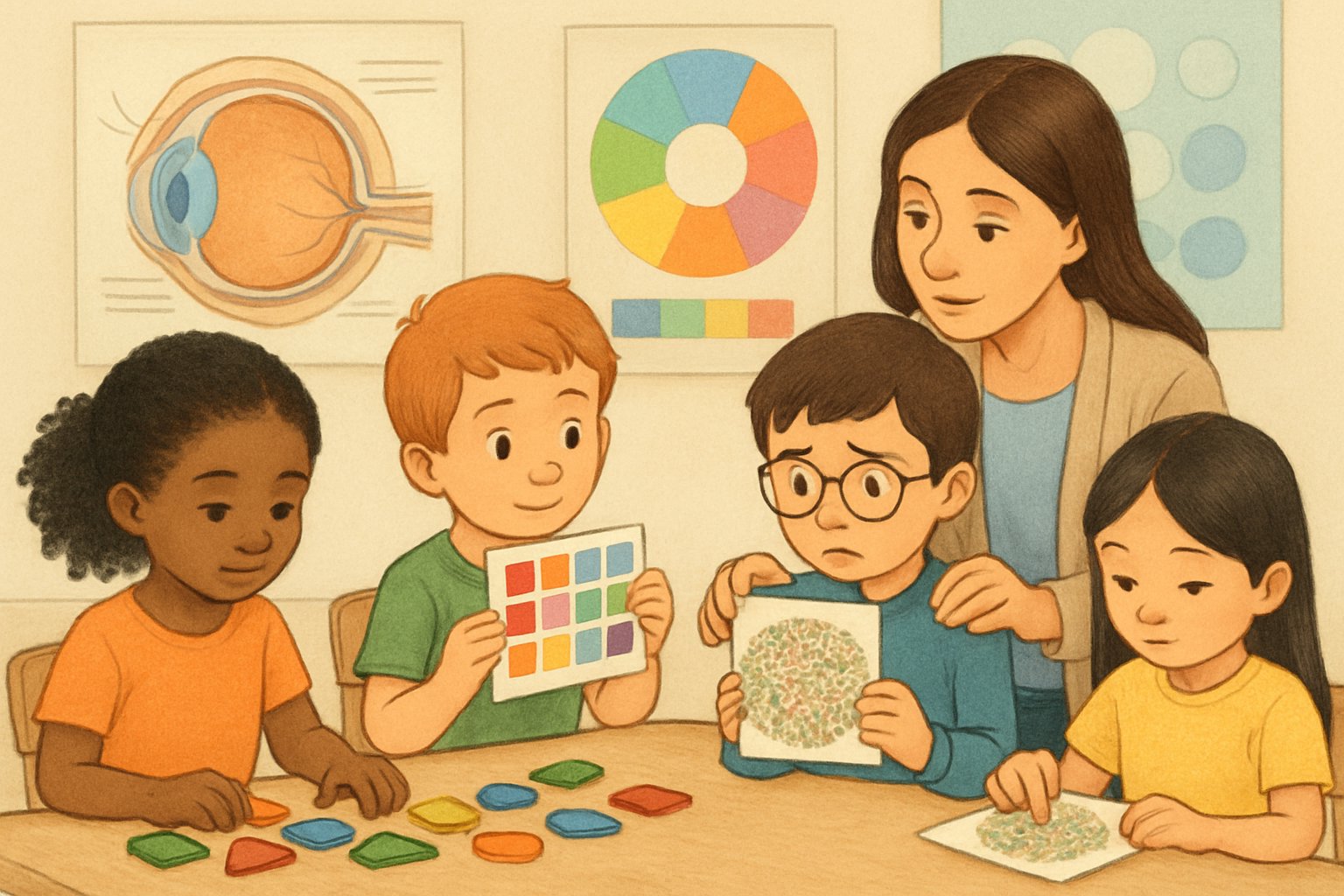 Bir sınıfta farklı çocuklar renkleri ayırt etmeye çalışıyor, öğretmen bir çocuğa yardımcı oluyor.