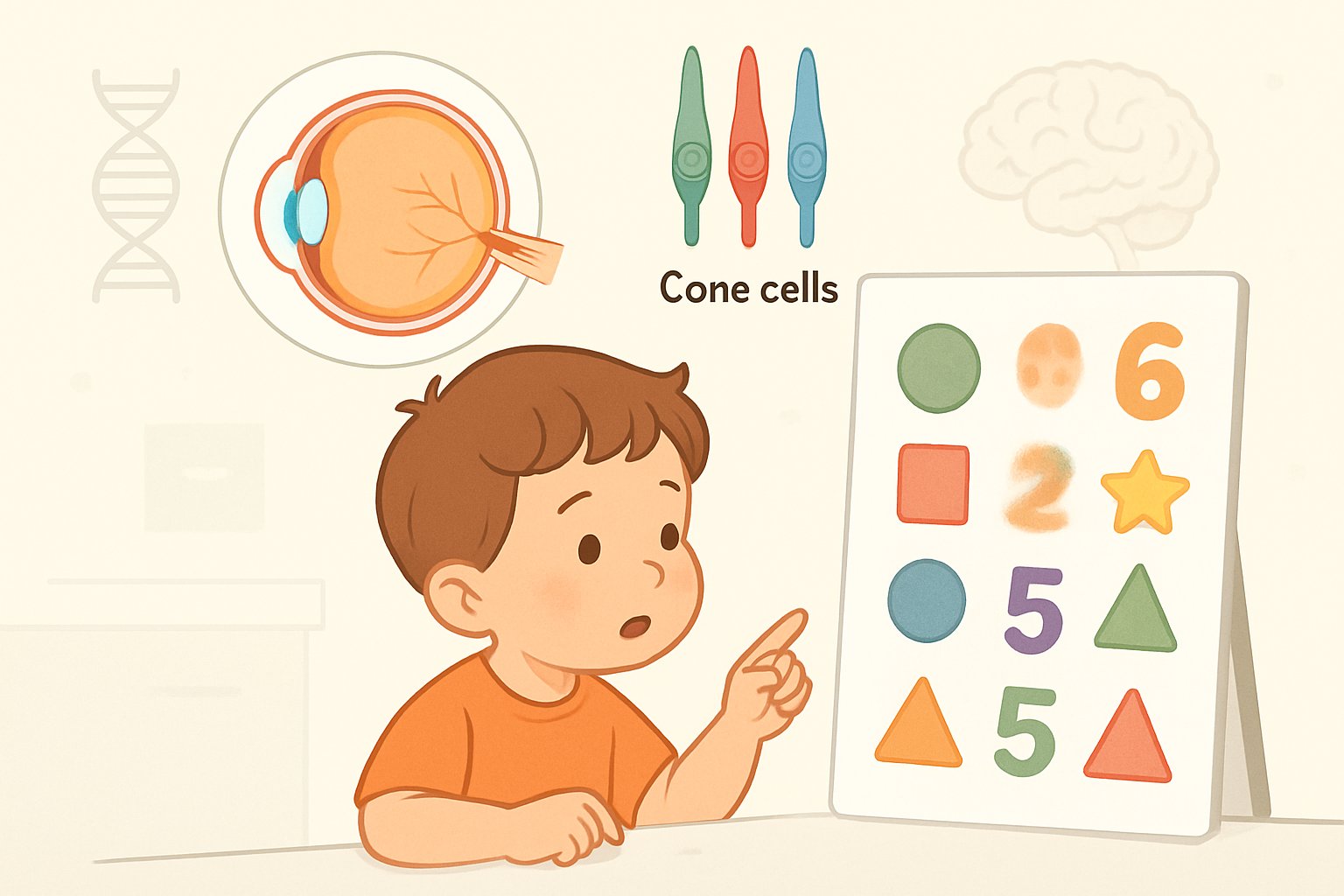 Bir çocuk renkli bir görme testi tablosuna bakıyor, göz ve retina yapıları renk körlüğünün nedenlerini göstermek için çevresinde yer alıyor.