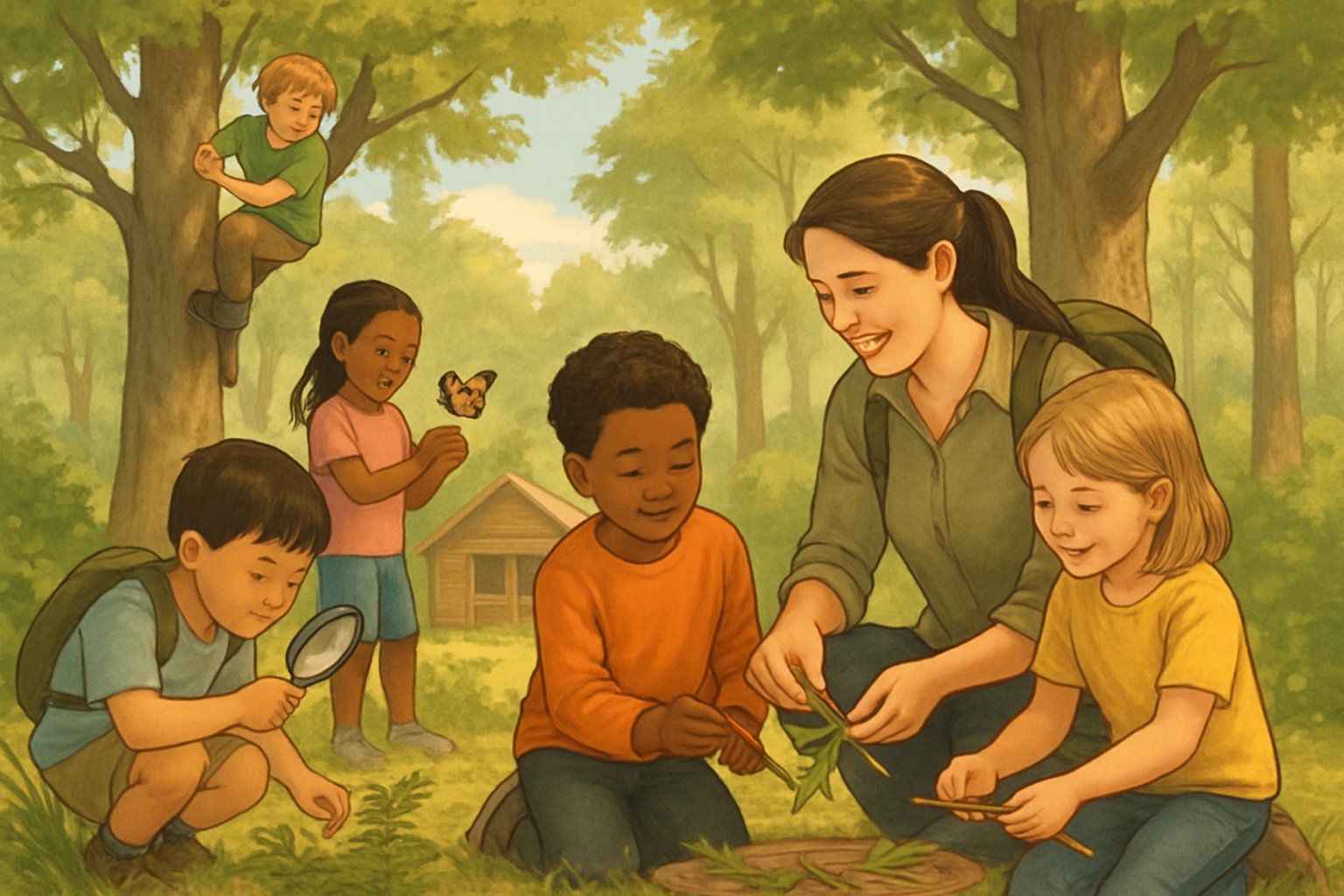 Bir grup çocuk ve öğretmen, ormanda dış mekan öğrenme etkinlikleri yapıyor, ağaçlara tırmanıyor ve doğal malzemelerle el işi yapıyor.