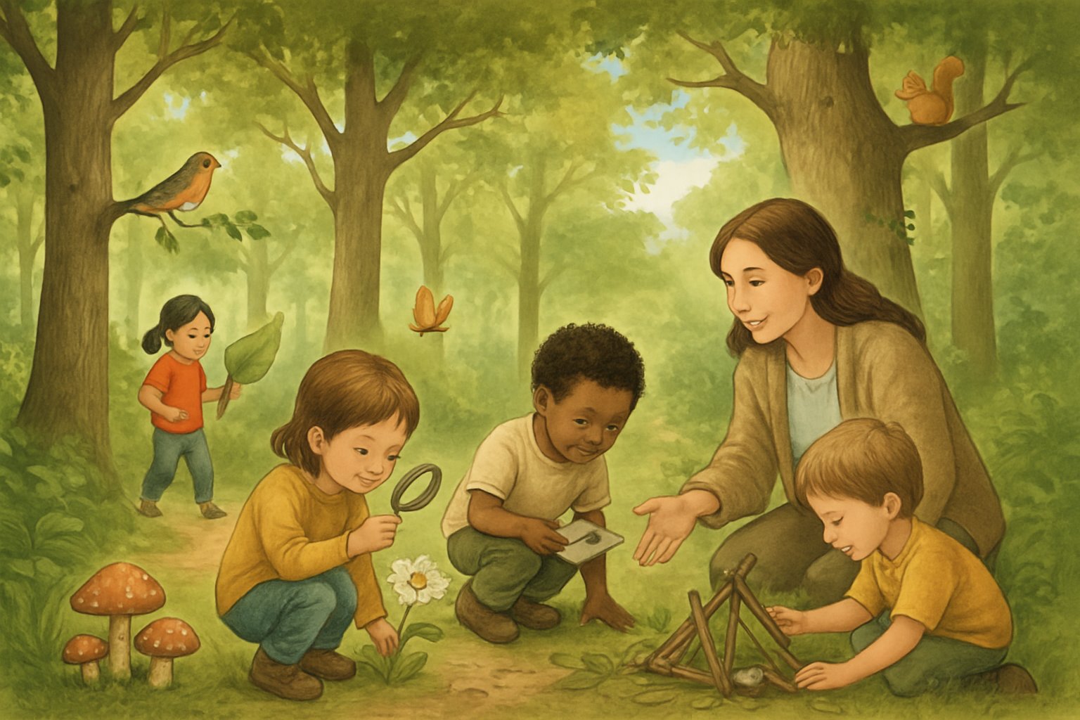 Ormanda çocukların doğa ile etkileşimde bulunduğu, öğretmenin rehberlik ettiği açık hava öğrenme ortamı.