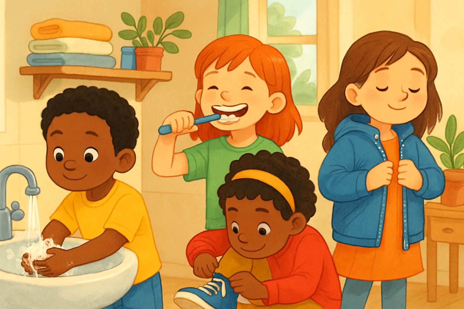 Çocuklar ev ortamında kendi kendilerine ellerini yıkıyor, diş fırçalıyor, ayakkabı bağcıklarını bağlıyor ve montlarını giyiyor.