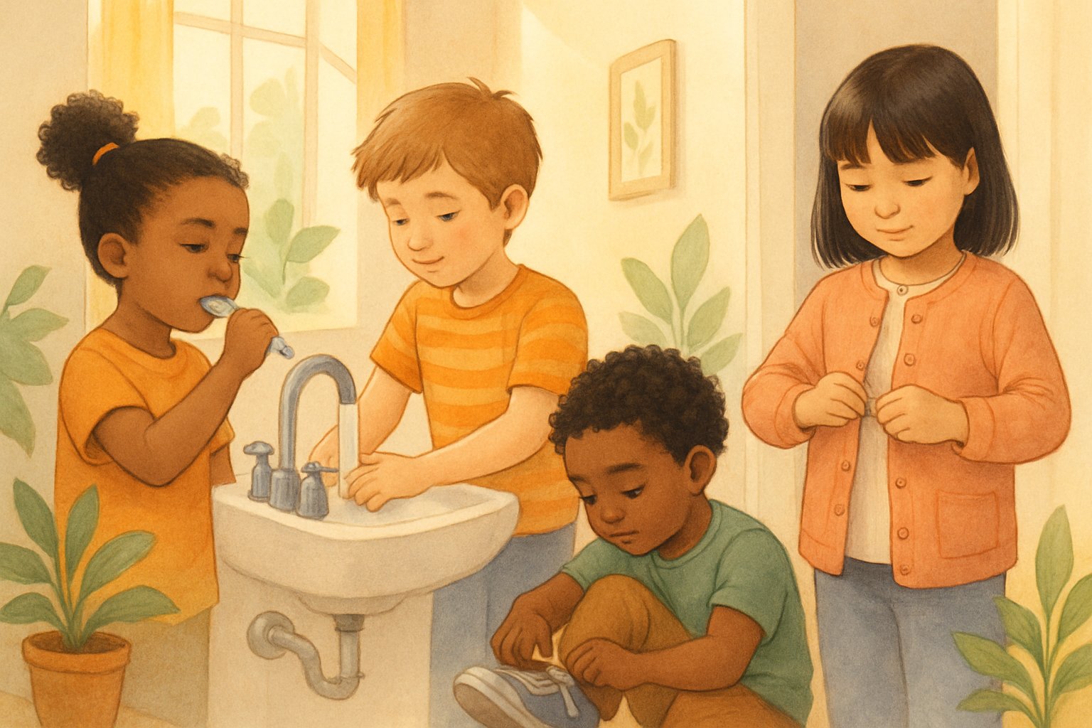Farklı etnik kökenlerden çocuklar ev ortamında diş fırçalıyor, el yıkıyor, ayakkabı bağlıyor ve giyiniyor.