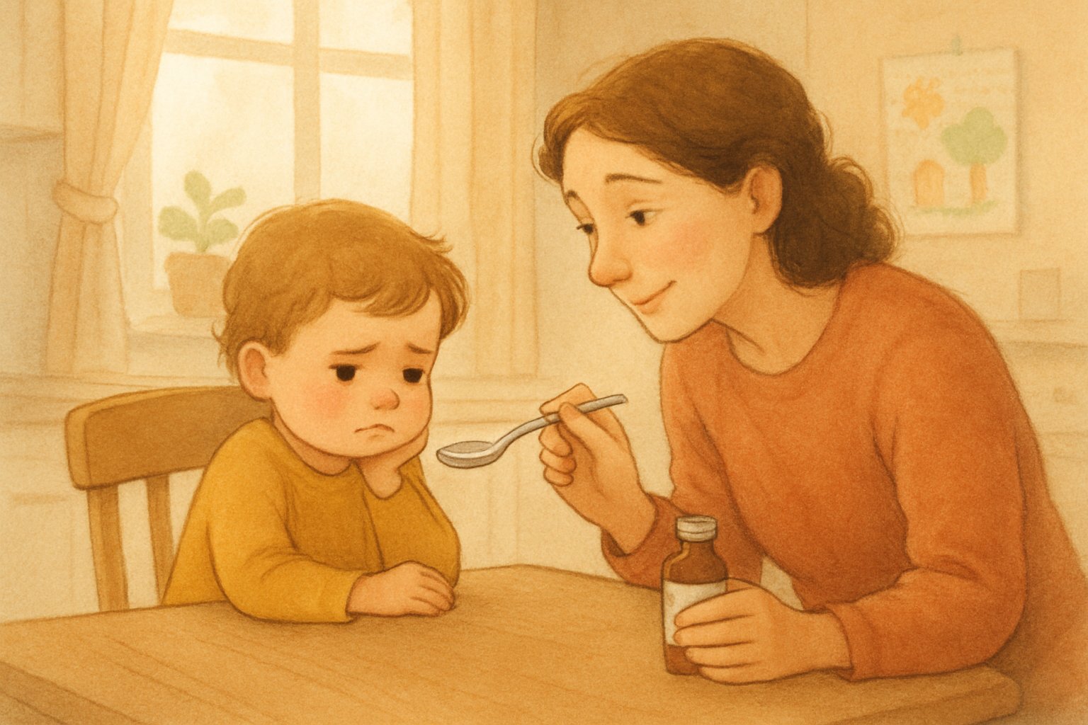 İlaç almak istemeyen bir çocuğa nazikçe yaklaşan, ona ilaç vermeye çalışan bir yetişkin.