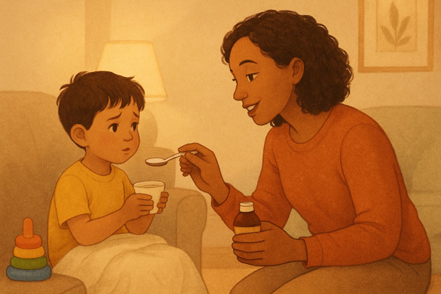 Bir ebeveyn, ilaç içmek istemeyen küçük bir çocuğa nazikçe yaklaşarak onu sakinleştiriyor.