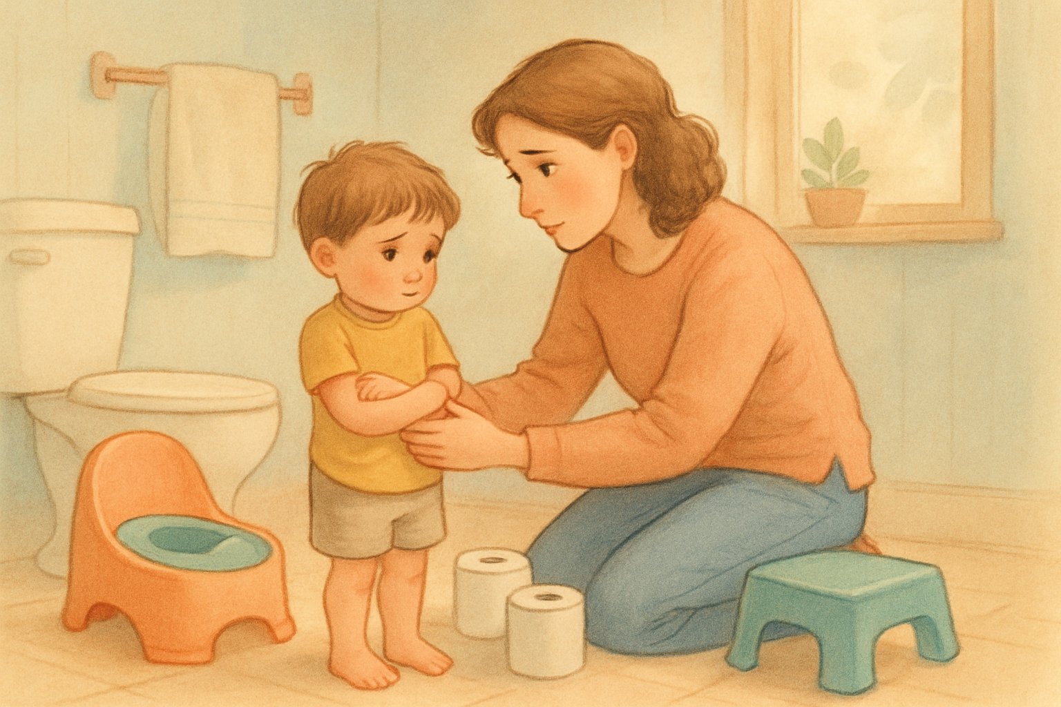 Bir ebeveyn, banyoda çekingen duran küçük çocuğa nazikçe destek oluyor.