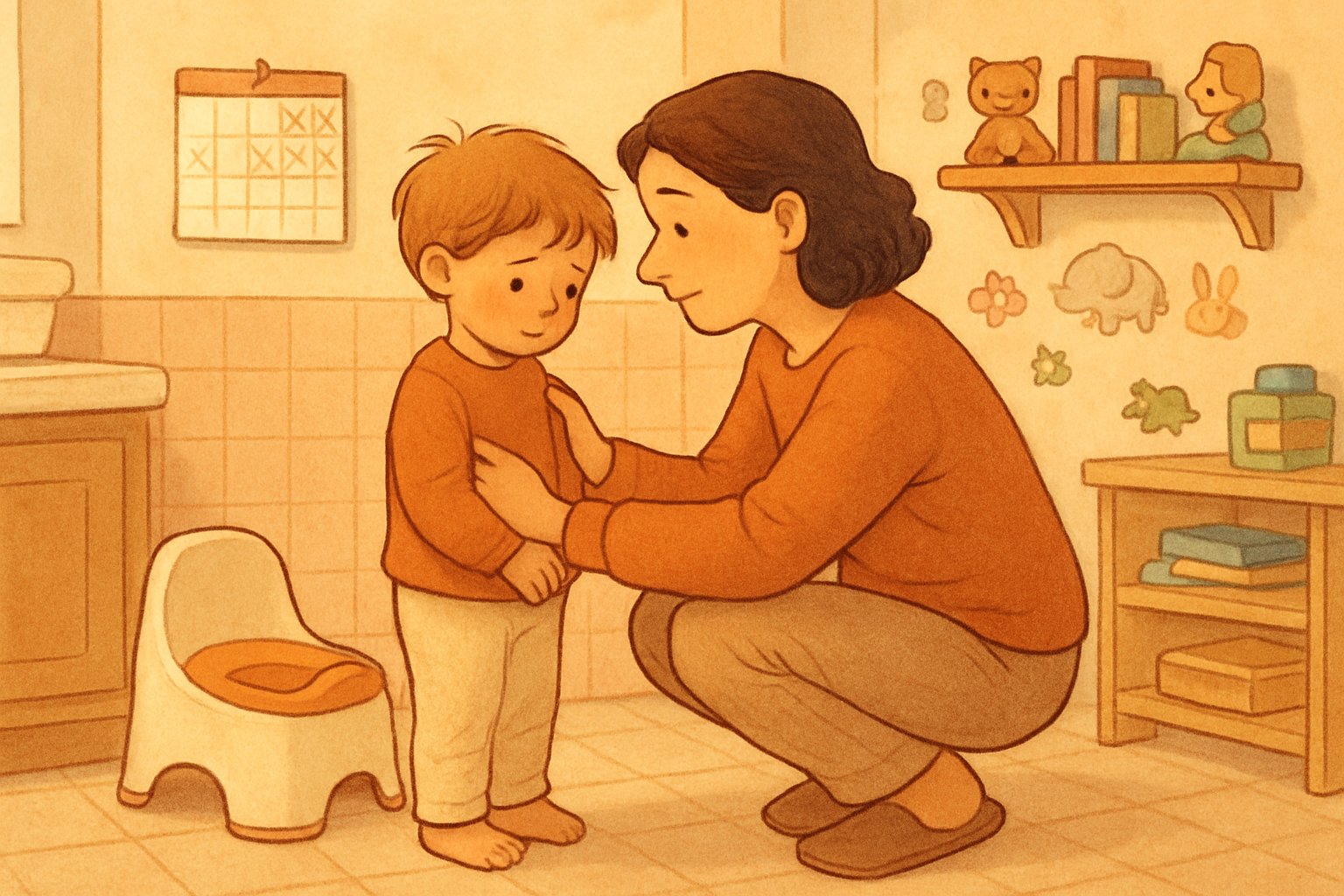 Bir ebeveyn, çekingen görünen küçük bir çocuğa banyoda sakin ve destekleyici bir şekilde yaklaşırken.