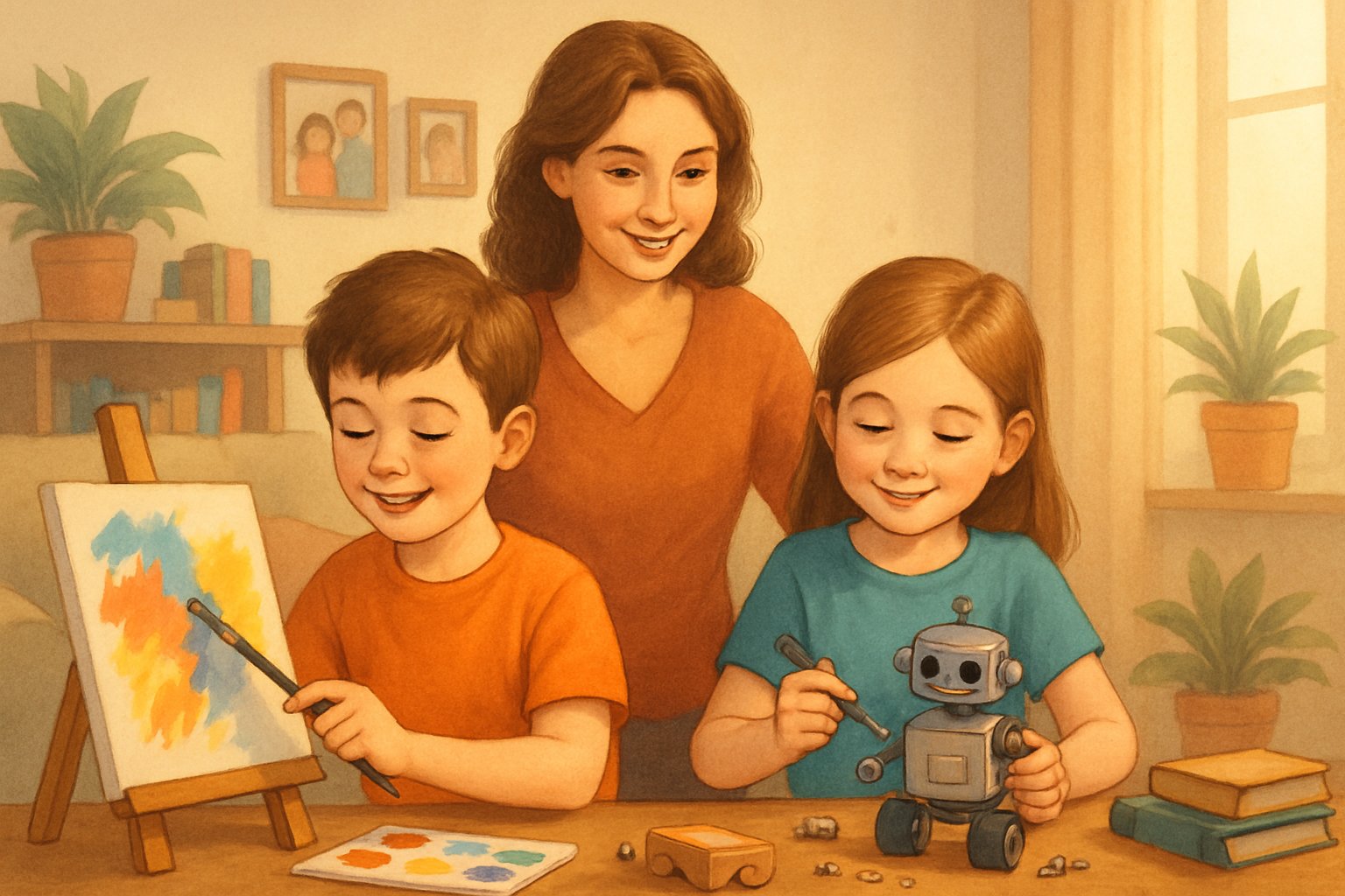 İkiz çocuklar farklı aktivitelerle bireyselliklerini ifade ederken, sıcak ve destekleyici bir ev ortamında birlikte vakit geçiriyorlar.