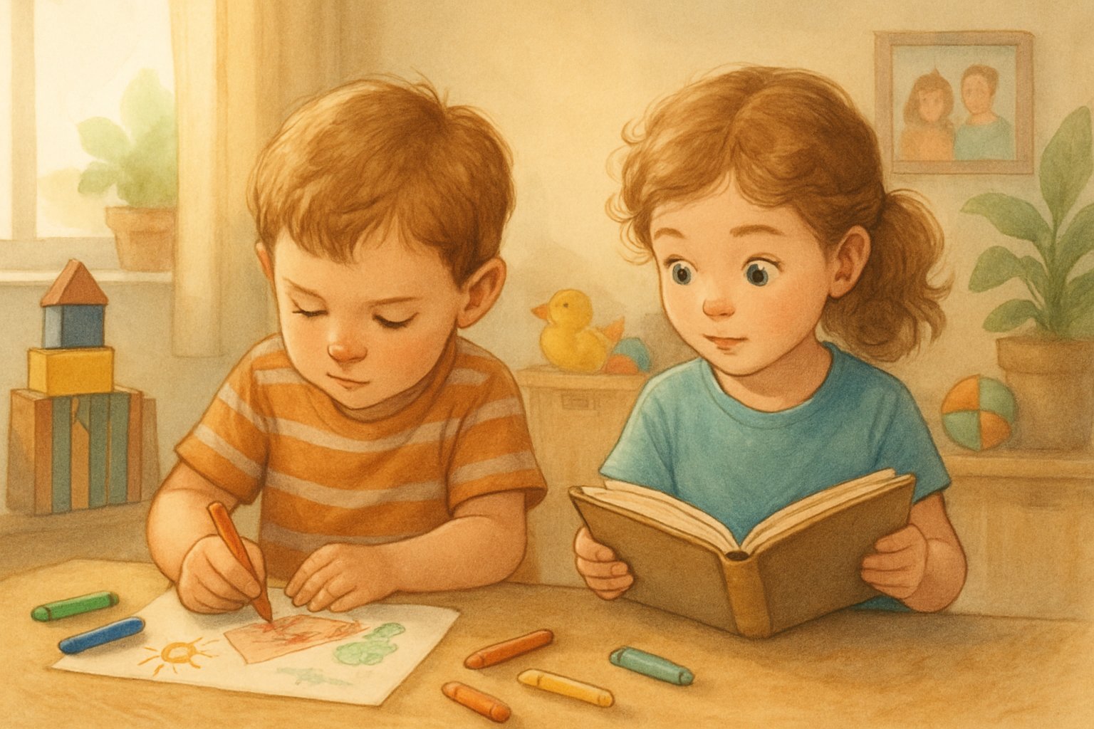 İkiz çocuklar farklı aktivitelerle bireyselliklerini gösteriyor, biri çizim yapıyor diğeri kitap okuyor.