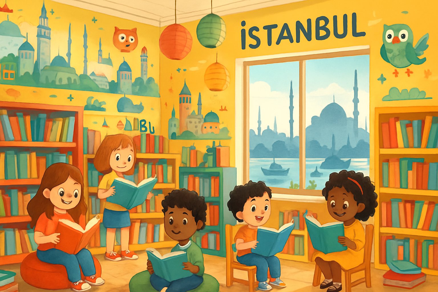 İstanbul manzaralı, çocukların kitap okuduğu ve renkli kitap raflarının olduğu neşeli bir çocuk kütüphanesi ortamı.