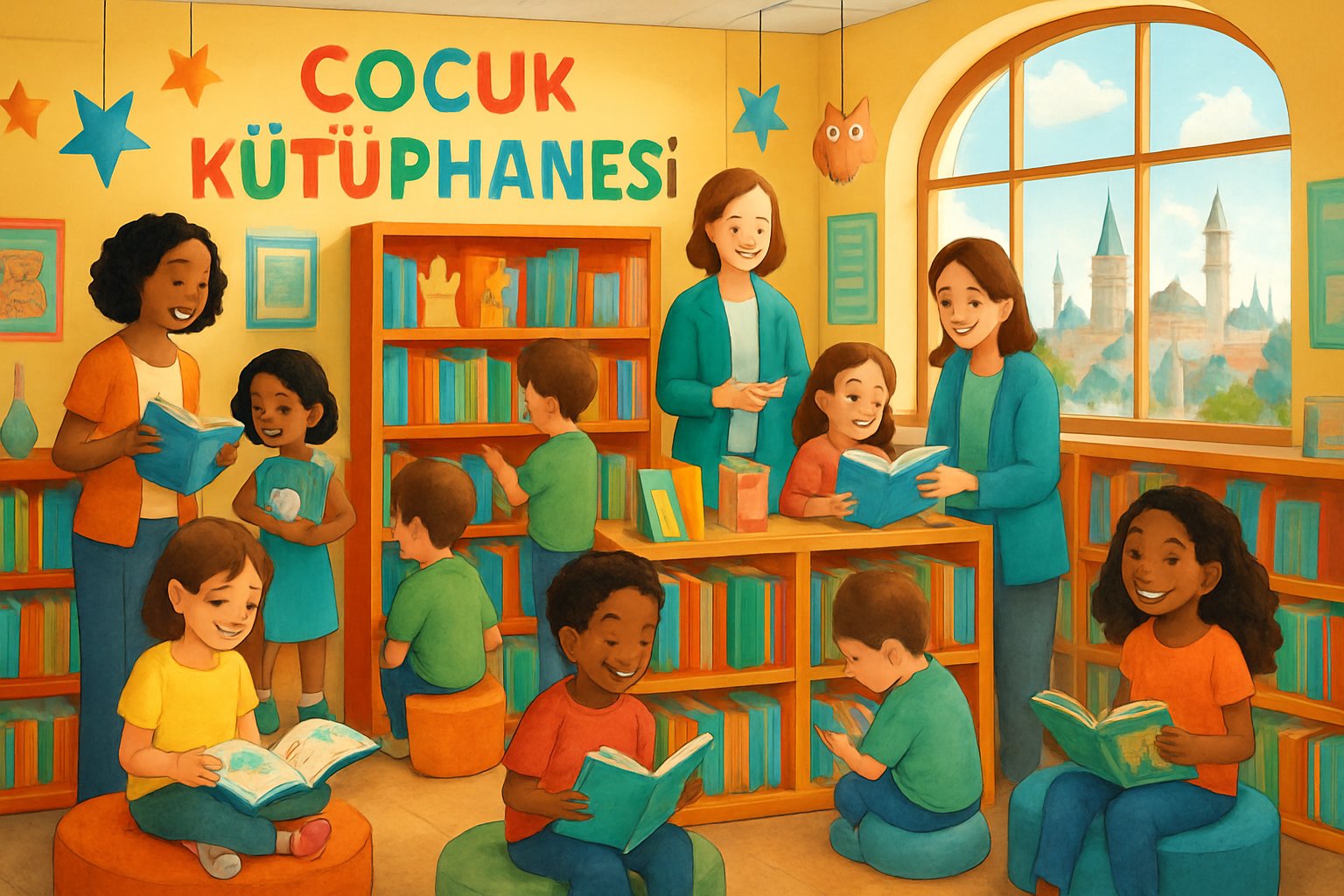 Çeşitli yaşlarda çocukların kitap okuduğu, renkli raflarla dolu ve İstanbul manzaralı aydınlık bir çocuk kütüphanesi.