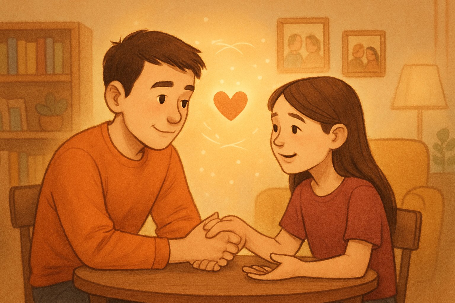 İki kardeş, bir masa etrafında sakin bir şekilde oturup sorunlarını konuşarak çözüyor.