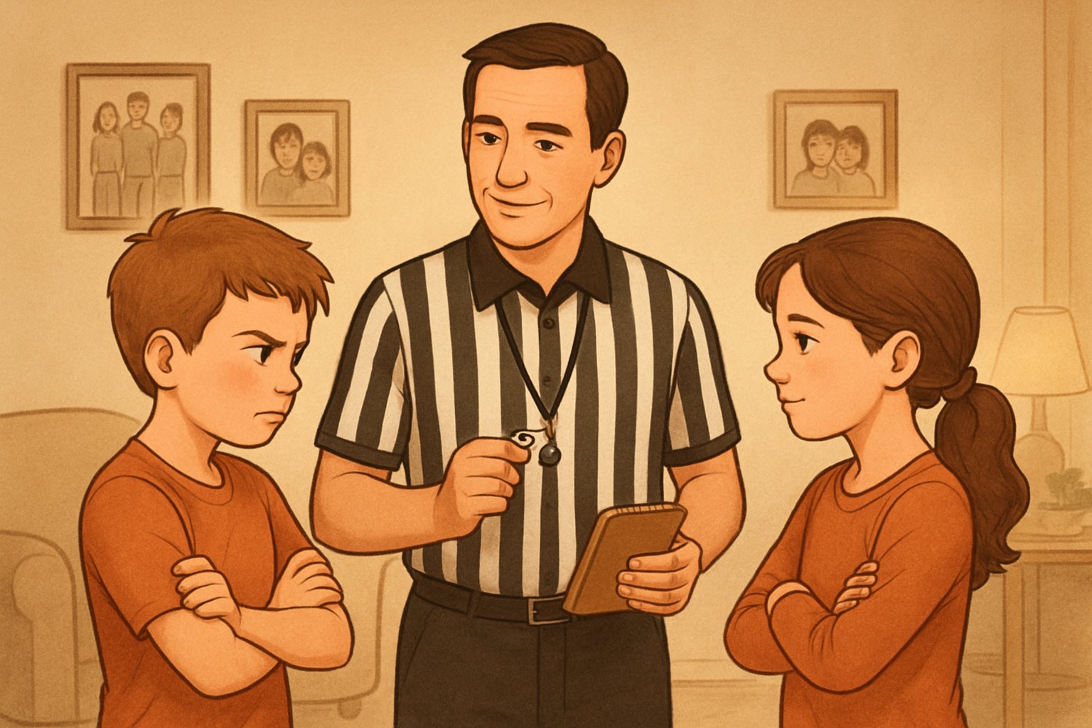 Bir hakem, iki kavgalı kardeşin arasında duruyor ve onları barıştırmaya çalışıyor.