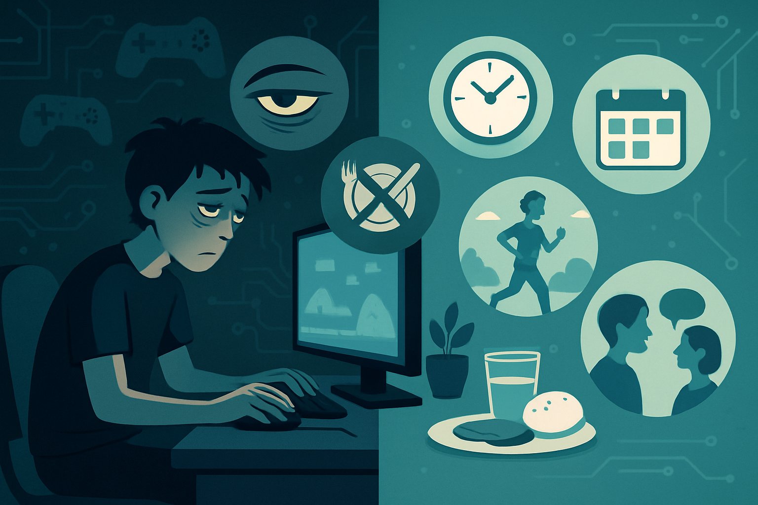 Bir kişi bilgisayar başında oyun oynarken, çevresinde oyun bağımlılığı belirtileri ve önlemleri simgeleyen görseller yer alıyor.