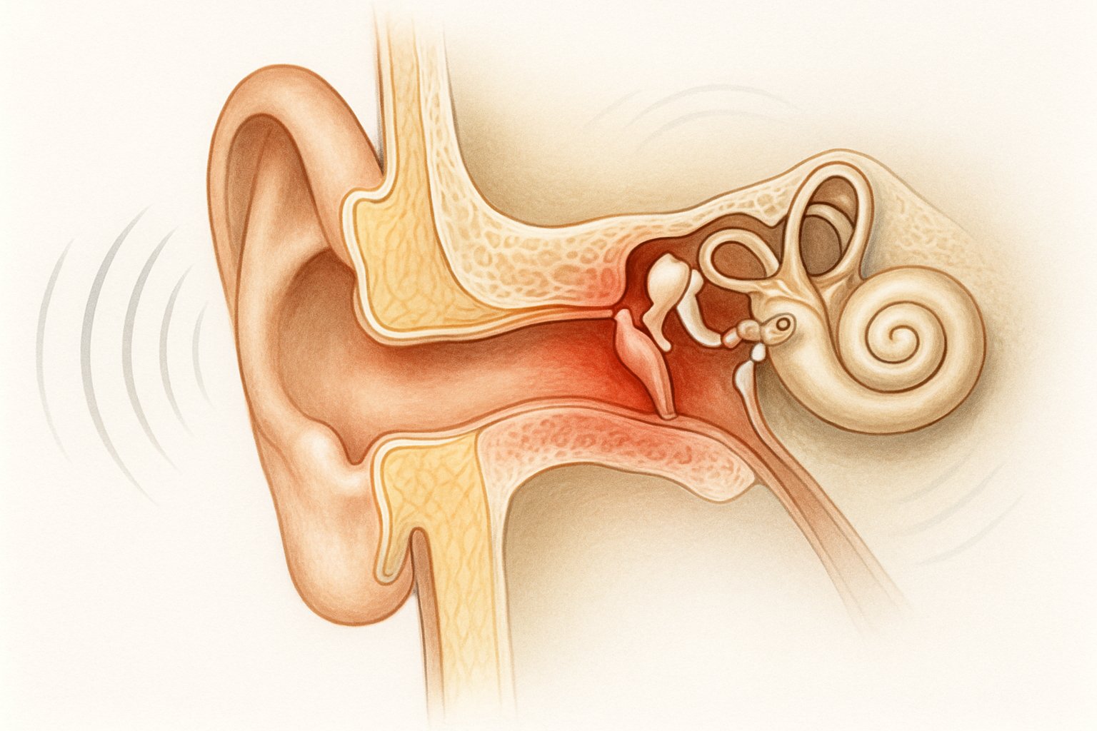 İnsan kulağının orta kulağını ve işitme kaybı riskini gösteren, orta kulakta iltihap belirtileri bulunan tıbbi bir görsel.