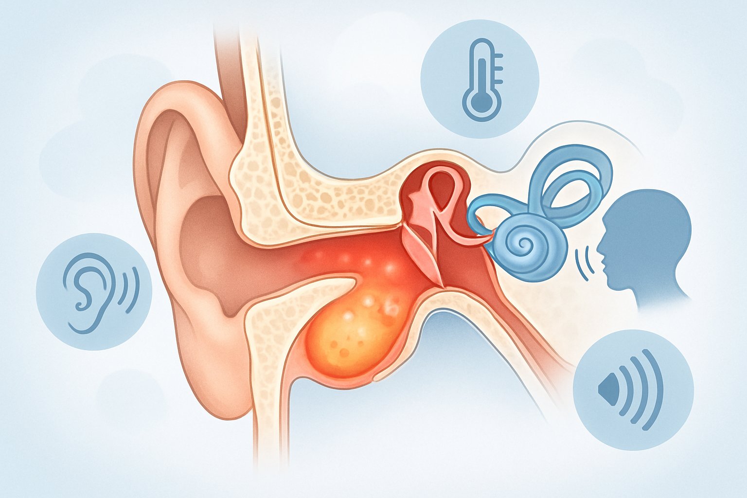 Orta kulakta enfeksiyon ve işitme kaybı riskini gösteren kulak kesiti ve belirtileri.