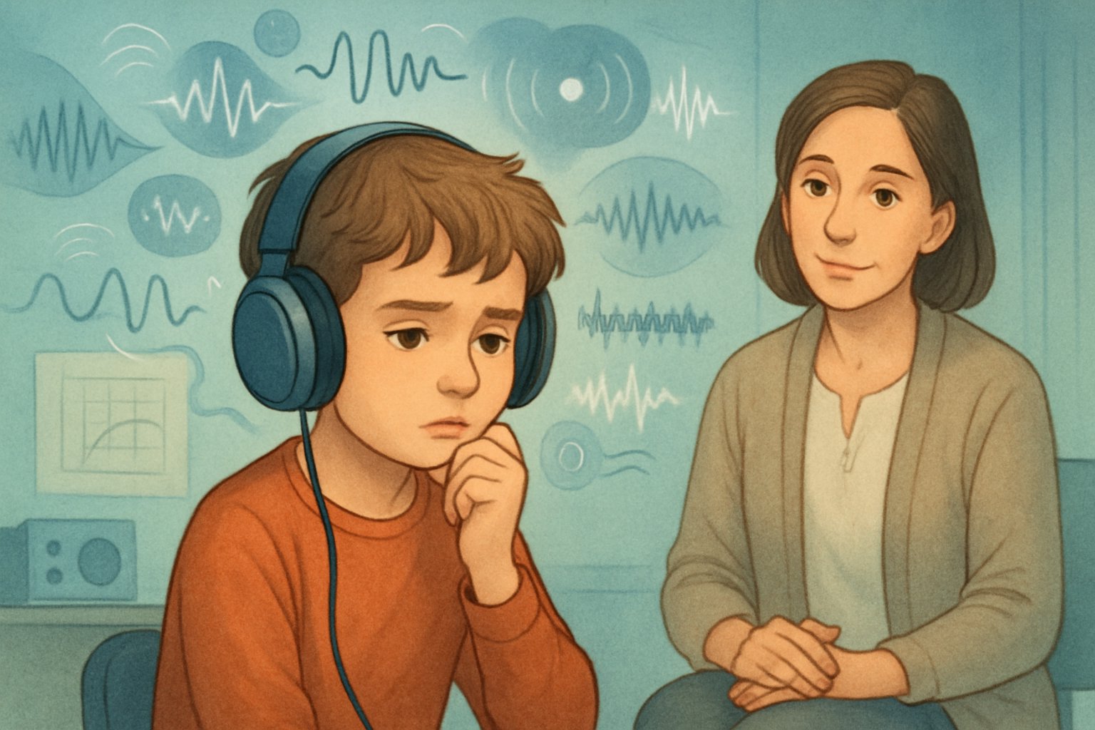 Başında kulaklık olan bir çocuk ve yanında onu dikkatle izleyen bir yetişkin, çocuk çevresinde ses dalgaları ve işitsel sinyallerin görsel temsilleri yer alıyor.