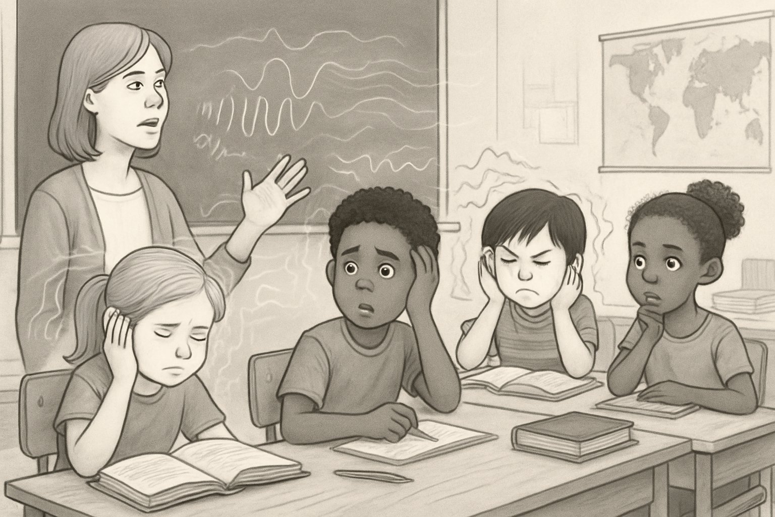 Sınıfta işitsel işlemleme güçlüğü yaşayan çocukların farklı tepkiler verdiği bir sahne.