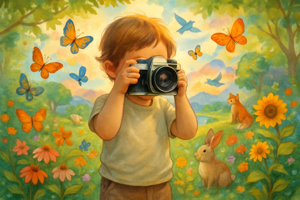 Bir çocuk elinde eski bir fotoğraf makinesi tutuyor ve etrafında kelebekler, hayvanlar ve çiçeklerle dolu canlı bir bahçe var.