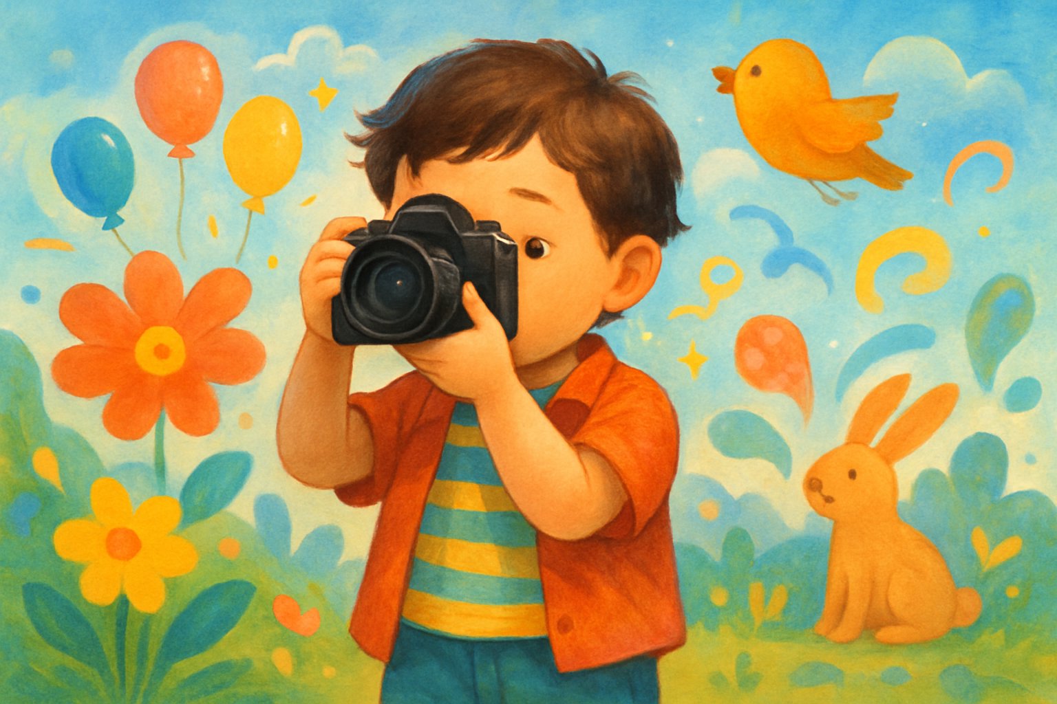 Bir çocuk elinde fotoğraf makinesiyle dünyaya merakla bakıyor, çevresinde renkli ve hayal gücünü yansıtan doğa ve oyun unsurları var.