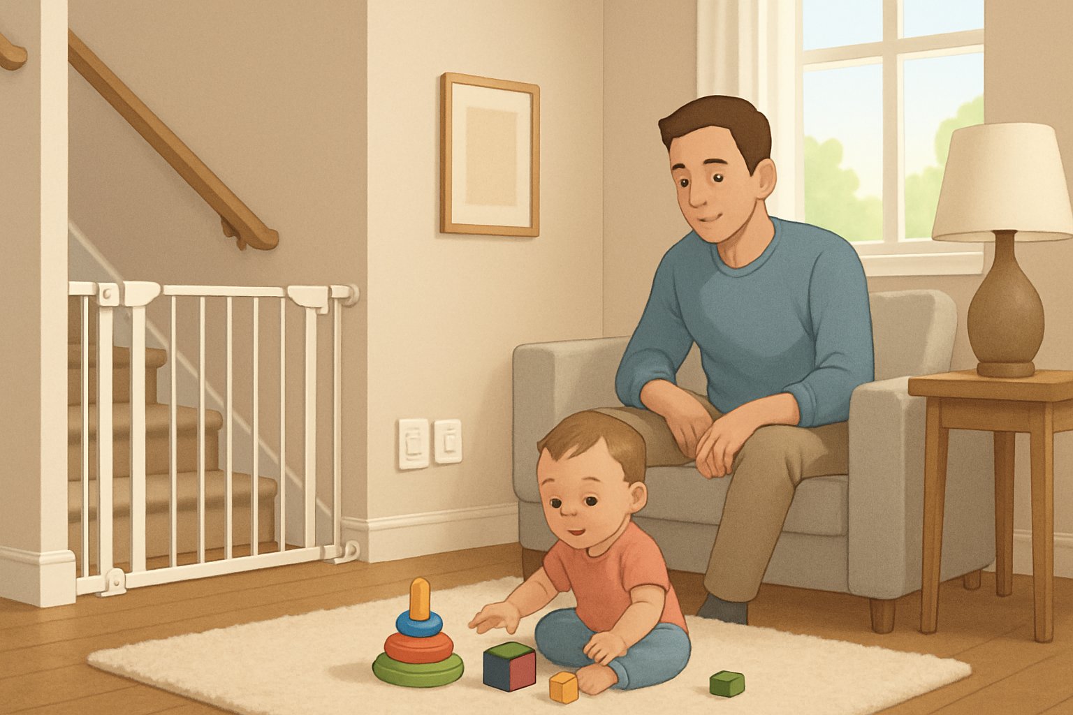 Bir oturma odasında bebek güvenlik kapısı ve priz koruyucuları ile güvenli bir şekilde oynayan küçük bir çocuk ve onu izleyen bir ebeveyn.