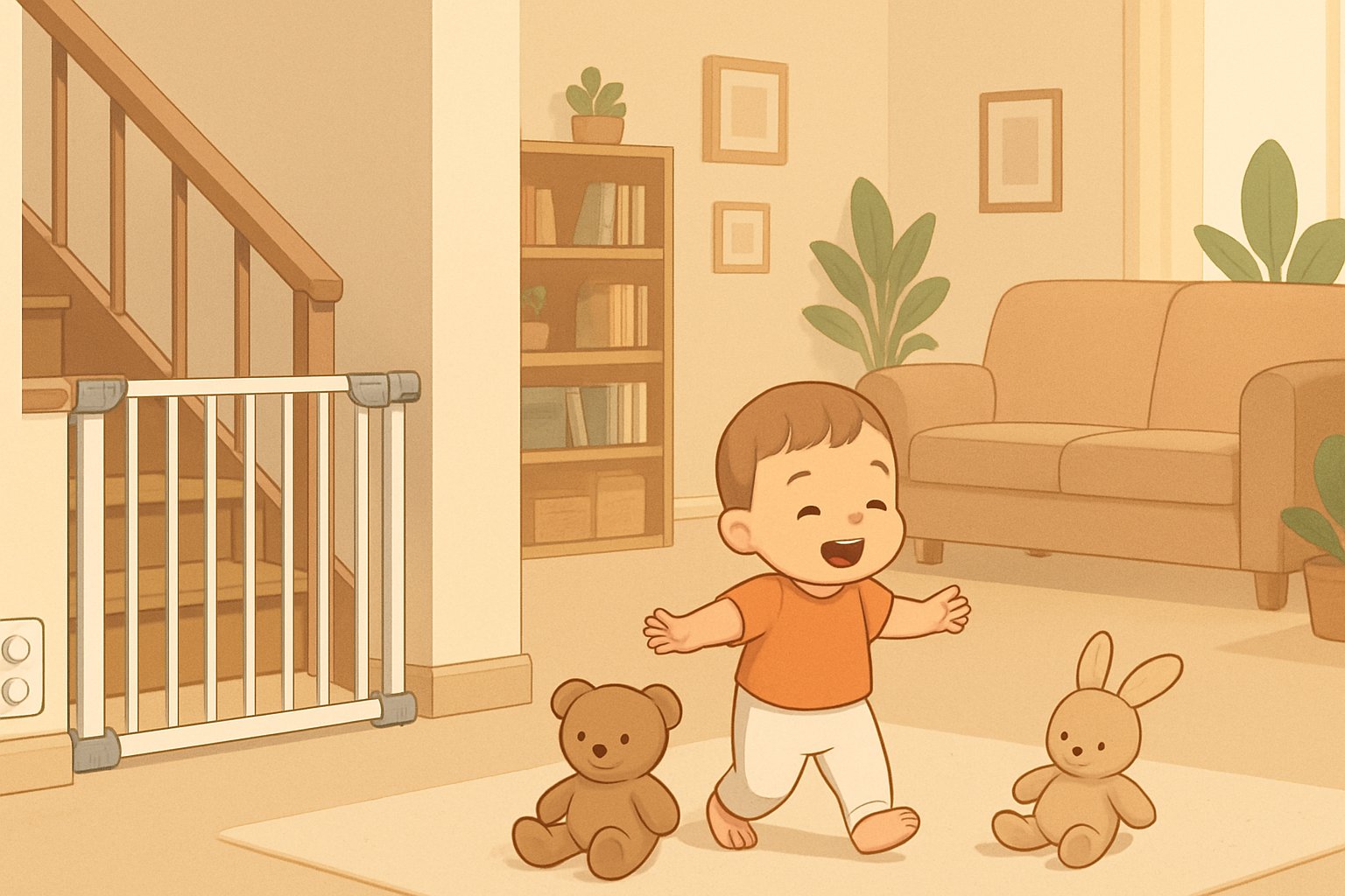 Merdiven başında bebek güvenlik kapısı ve priz koruyucularıyla güvenli bir şekilde oynayan bir çocuk.