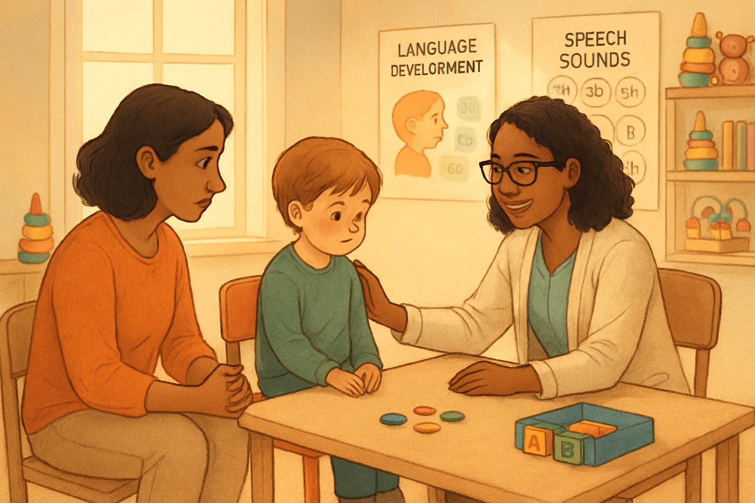 Bir çocuk ve ebeveyn, konuşma terapistiyle modern bir odada oturuyor, çocuk utangaç görünüyor.