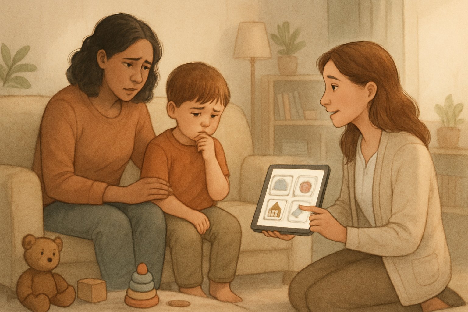 Endişeli bir ebeveyn ve sessiz duran küçük bir çocuk, yanında konuşma terapistiyle birlikte oturuyor.