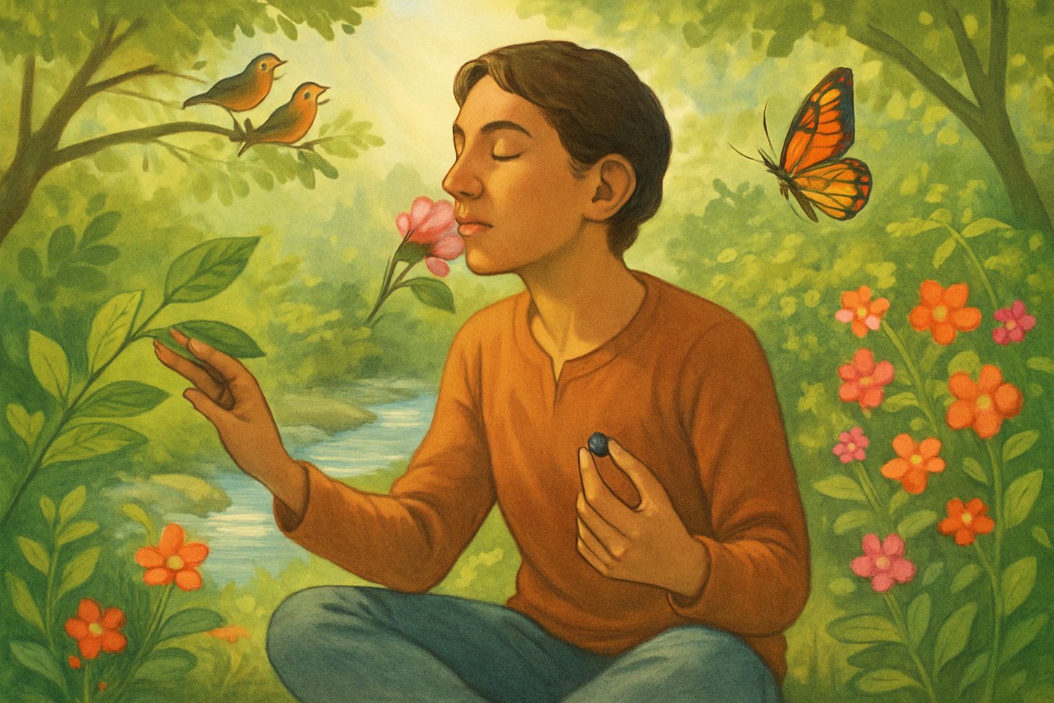 Doğada, beş duyusunu kullanarak çevresini keşfeden bir kişi, yapraklara dokunuyor, çiçek kokluyor, kuş seslerini dinliyor, taze bir meyve tadıyor ve yanına konan renkli bir kelebeği izliyor.