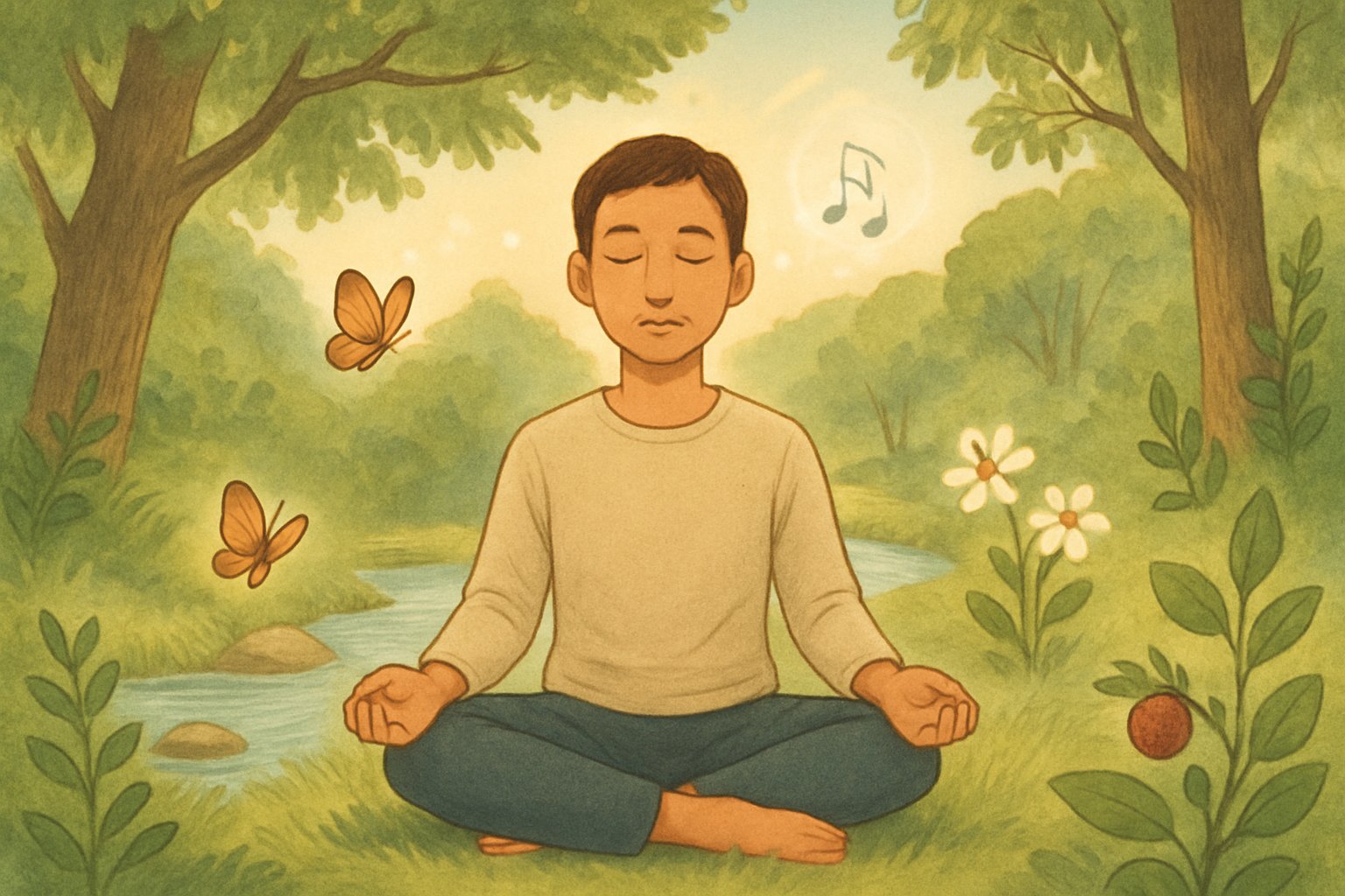 Bir kişinin doğada, yeşillikler ve akan bir dere çevresinde oturup gözlerini kapatarak beş duyusuyla doğayı keşfetmesi.