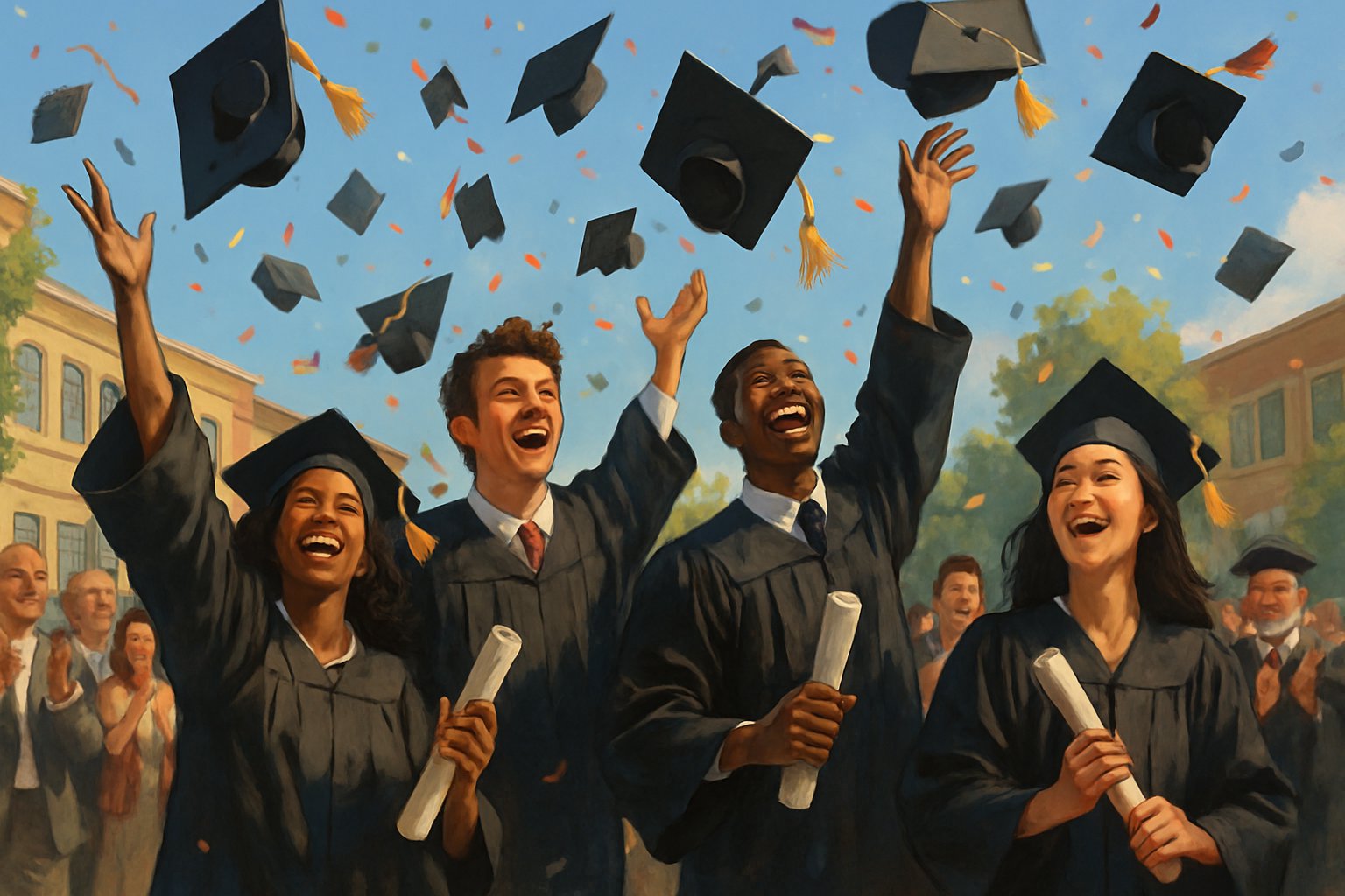 Kep atarak mezuniyet sevinci yaşayan genç mezunlar ve onları alkışlayan kalabalık.