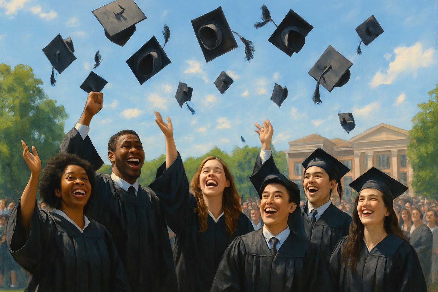 Mezuniyet töreninde kep atan ve sevinçle bir arada duran mezunlar ve onları izleyen kalabalık.