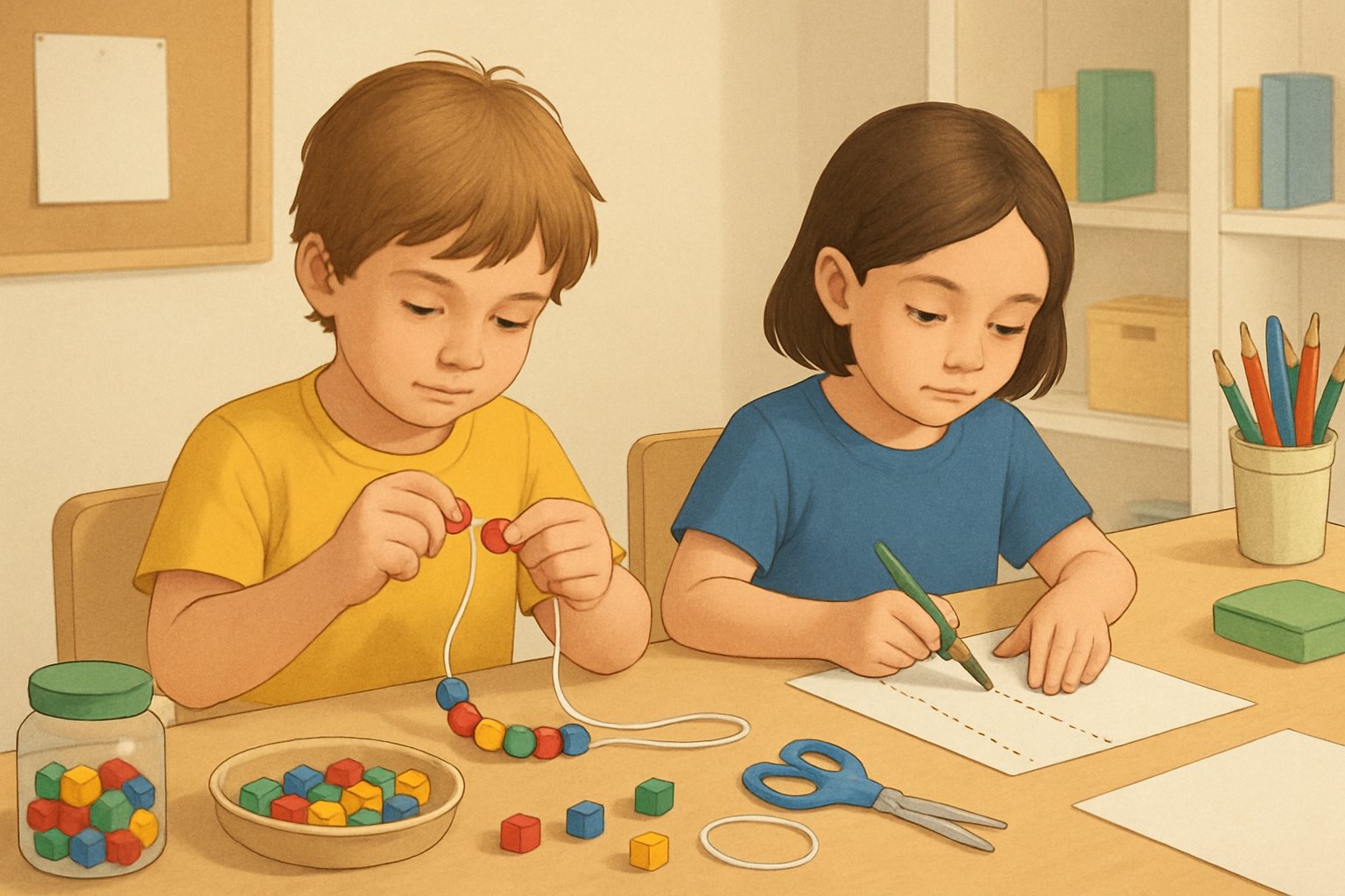 Bir çocuk boncuk diziyor, başka bir çocuk makasla kağıt kesiyor, el-göz koordinasyonu çalışmaları yapıyorlar.