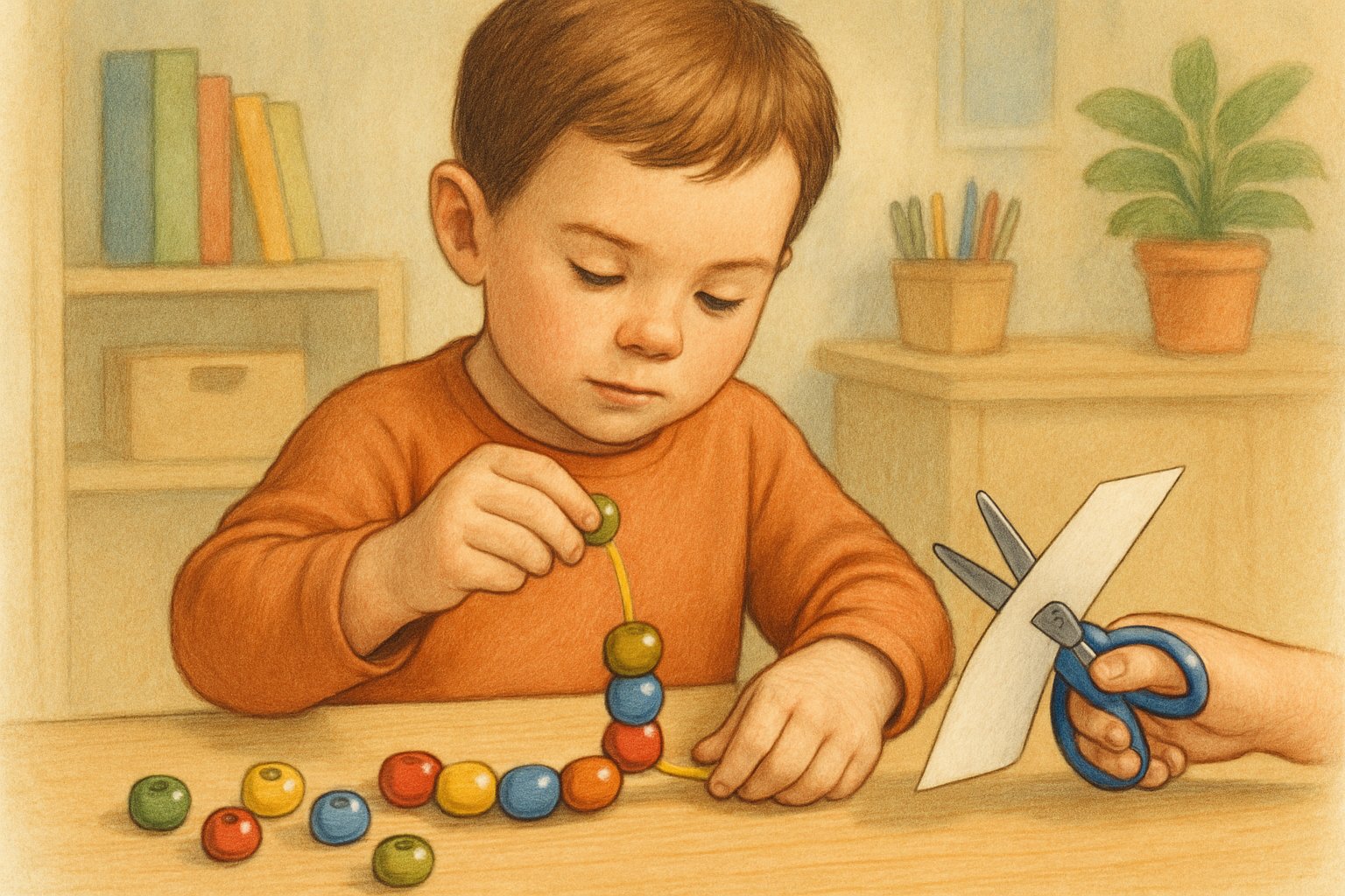 Bir çocuk boncuk dizme ve makas kullanma çalışmaları yaparken masa başında oturuyor.